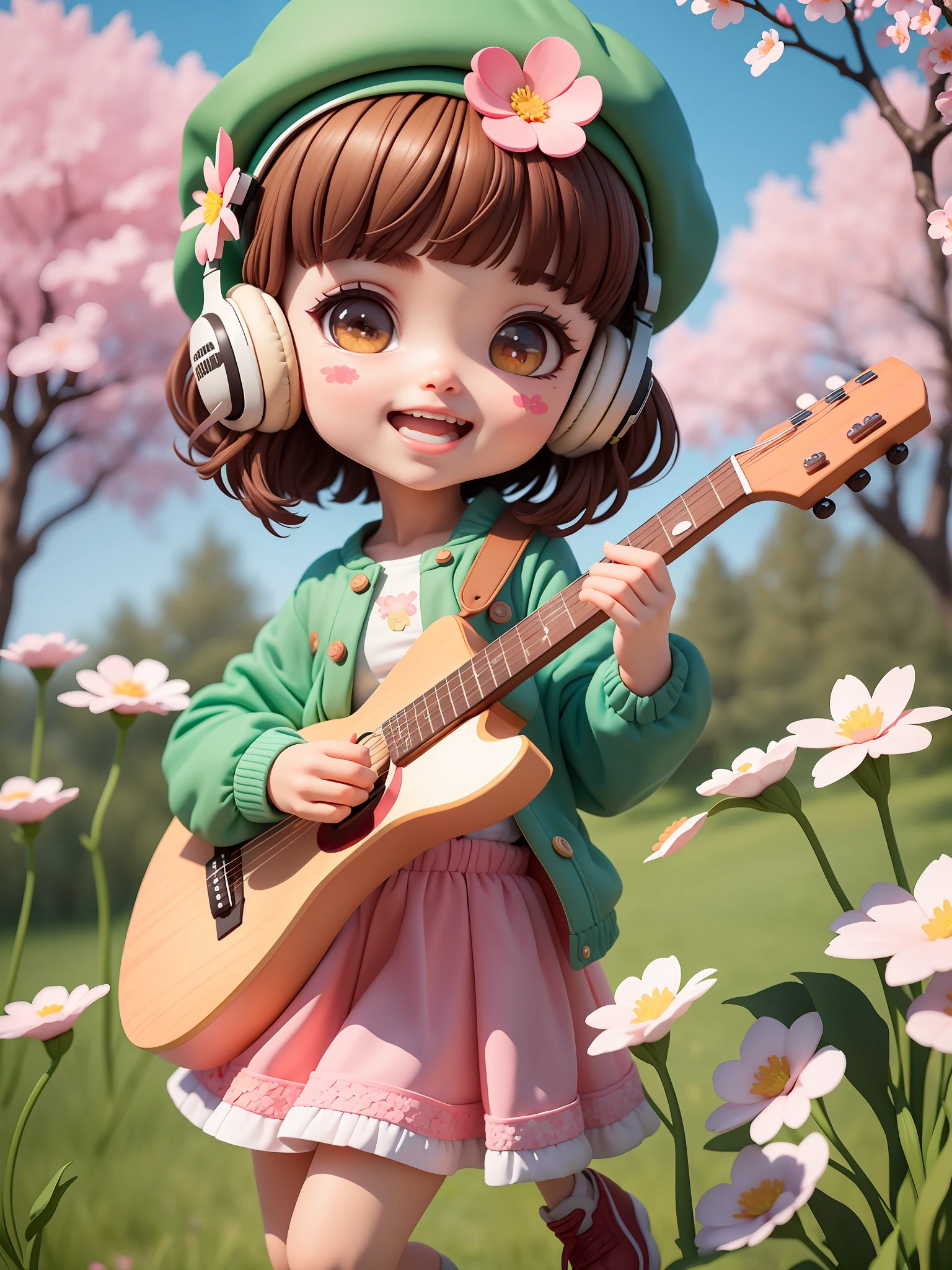 (masterpiece),(best quality),(ultra-detailed), (full body:1.2),
1girl,chibi,cute, smile, open mouth,
flower, outdoors, playing guitar, music, beret, holding guitar, jacket, blush, tree, :3, shirt, short hair, cherry blossoms, green headwear, blurry, brown hair, blush stickers, long sleeves, bangs, headphones, black hair, pink flower,
(beautiful detailed face), (beautiful detailed eyes),