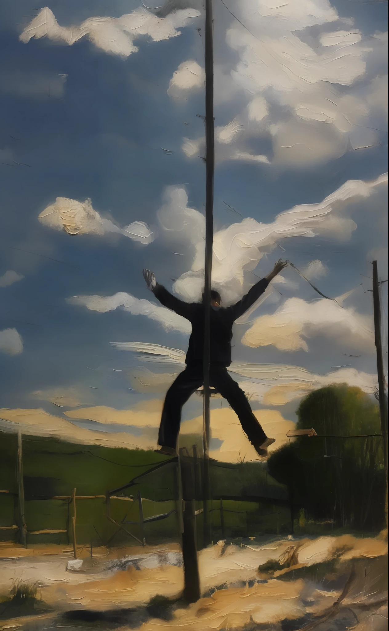 MSE paintings, highly detailed brushwork, depicting a man committing suicide by hanging. Draw the whole body. Overall, it uses a lot of black, and the picture is dark, eerie, and scary, like a horror movie.