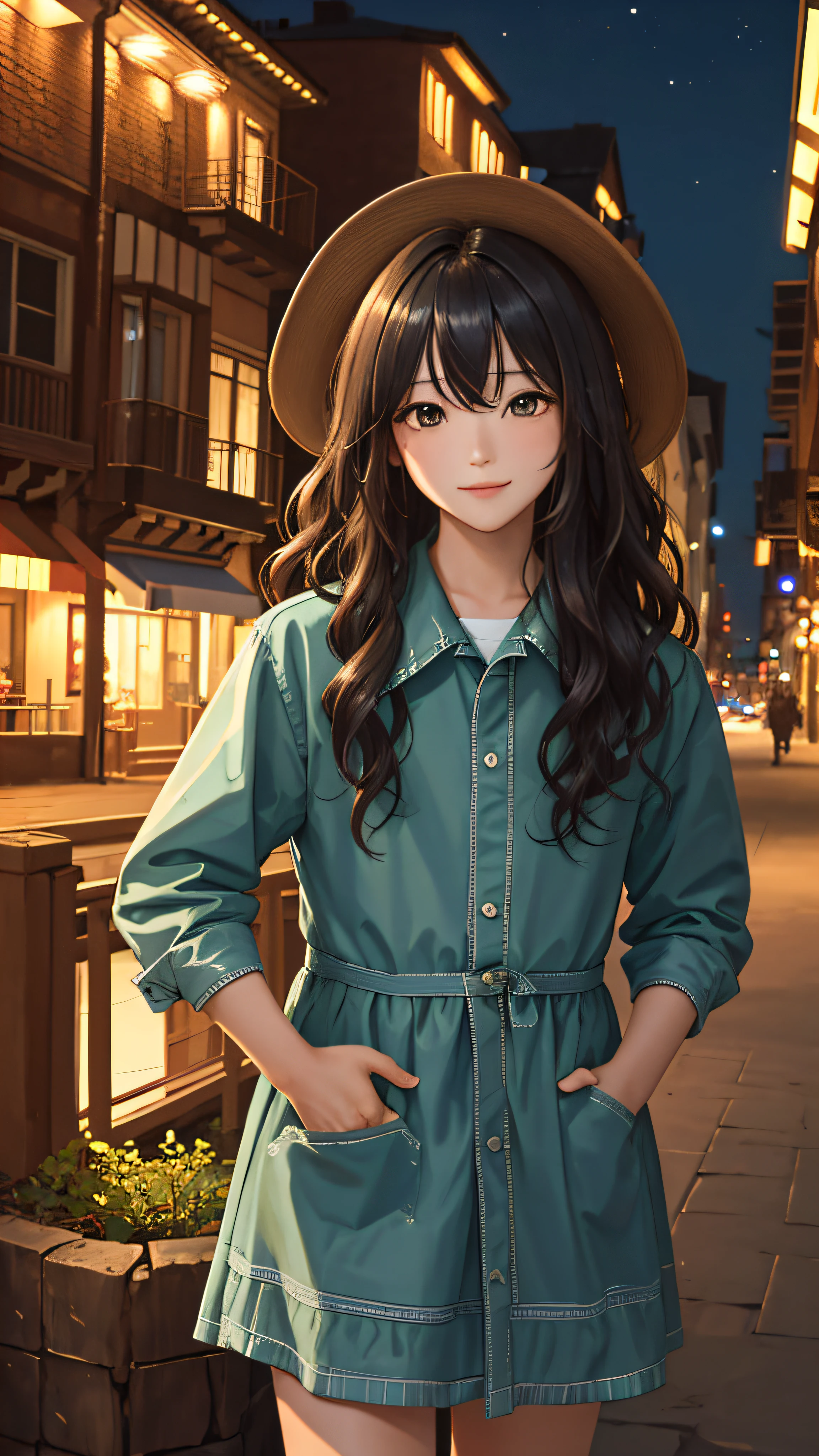 (masterpiece:1.2), (best quality:1.2), night, (looking at viewer), bright skin, cowboy shot,
outdoors, fringe,
long hair, (wavy hair),