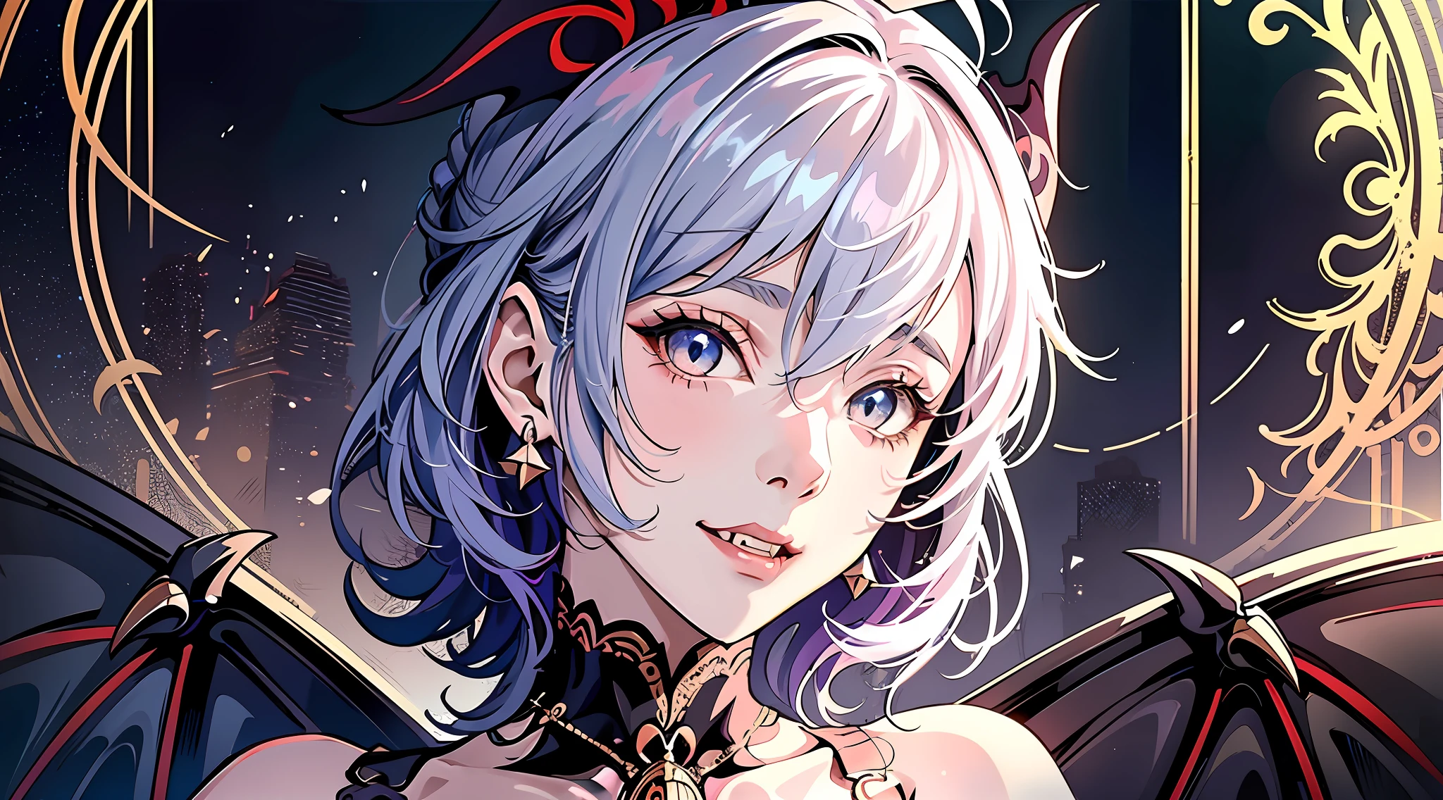 1 girl, smile, bad smile, solo, viewer's gaze, butterfly hair ornament, two long fangs growing from the mouth, sharp fangs, bat wings, blue eyes, upper body, sleeveless, sitting, red nails, (masterpiece, highest quality, highest quality, official art, beautiful and aesthetic: 1.2), lilac hair, portrait of a European woman's face, person looking at the viewer, detail, complex details, 4K, ultra high definition, solo focus, pale skin, baroque, gothic ta, lace, elegant, smooth, smooth anime CG art, movie lighting, vampire, sexy pose, seduction