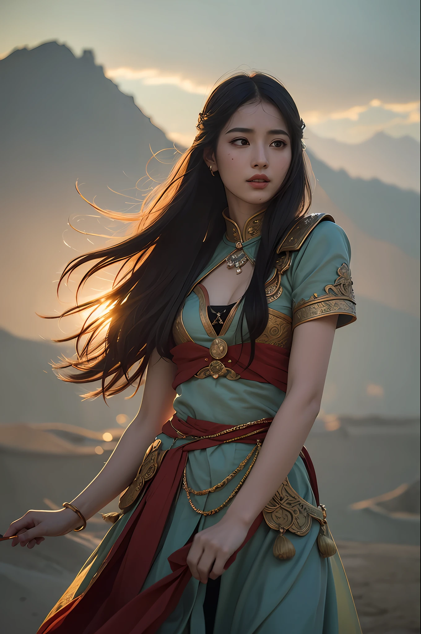 1girl, Dunhuang Flying Apsaras costume, messy long hair, Ji Jian, Dunhuang style, a lot of smoke, superb, elegant colors, (realistic, high detail, masterpiece, super detailed, dynamic angle, mural background, ink wash, amazing, movie lighting, illustration, chiaroscuro, backlighting, god rays, holland, best quality, best quality