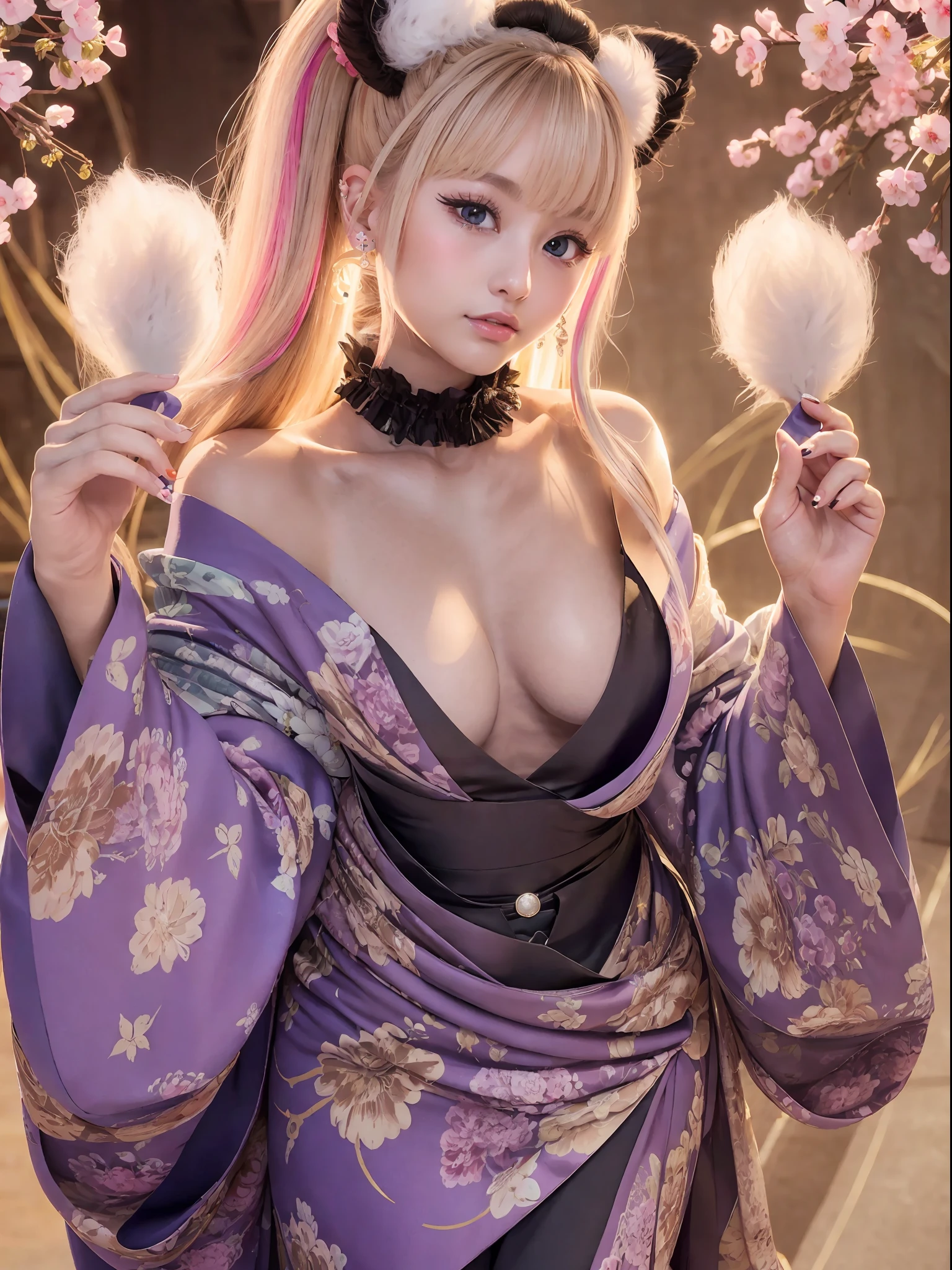 Masterpiece, high resolution, high image quality, (Ariana Grande: 1.9), American singer, actress, ((dark blonde hair], high ponytail without bangs, beautifully detailed choker, cat ears, kimono, human collar, ((((Chest is fluffy: 1.5))))++, beautiful detailed eyes, (colorful kimono), (bewitching figure))++, (花魁)++, glossy face, Elegant, showing one shoulder, Taisho era landscape, (((Yukaku)))), deep composition, wonderful illumination, light effect, night sky, absurdity, 8K, wonderfully absurd, beautifully detailed background, beautiful standing figure