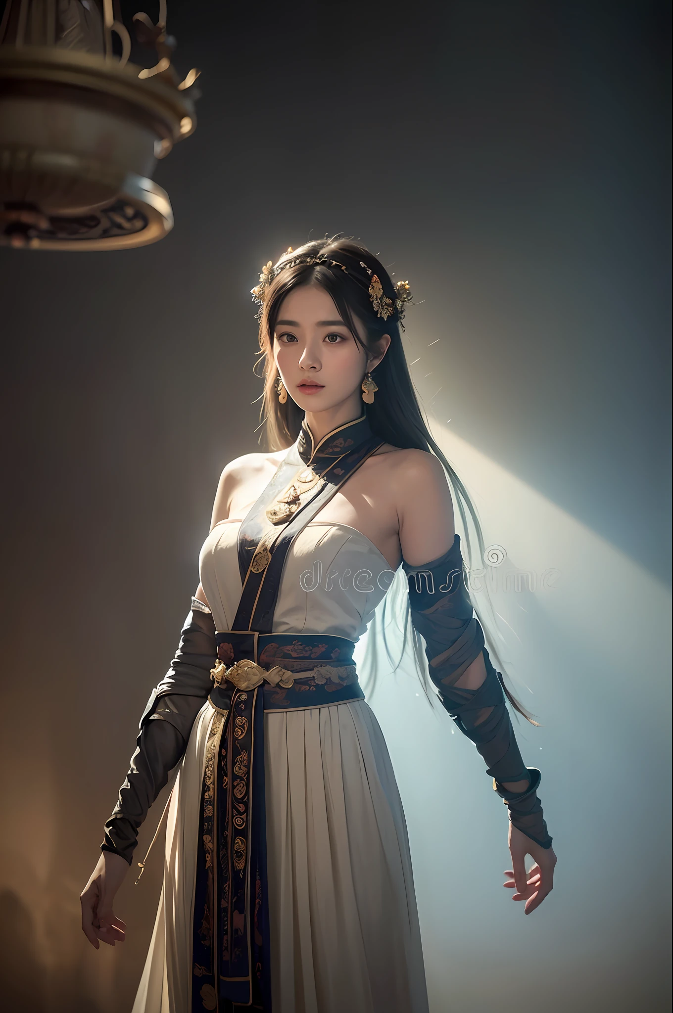 1girl, Dunhuang Flying Apsaras costume, messy long hair, Ji Jian, Dunhuang style, a lot of smoke, superb, elegant colors, (realistic, high detail, masterpiece, super detailed, dynamic angle, mural background, ink wash, amazing, movie lighting, illustration, chiaroscuro, backlighting, god rays, holland, best quality, best quality