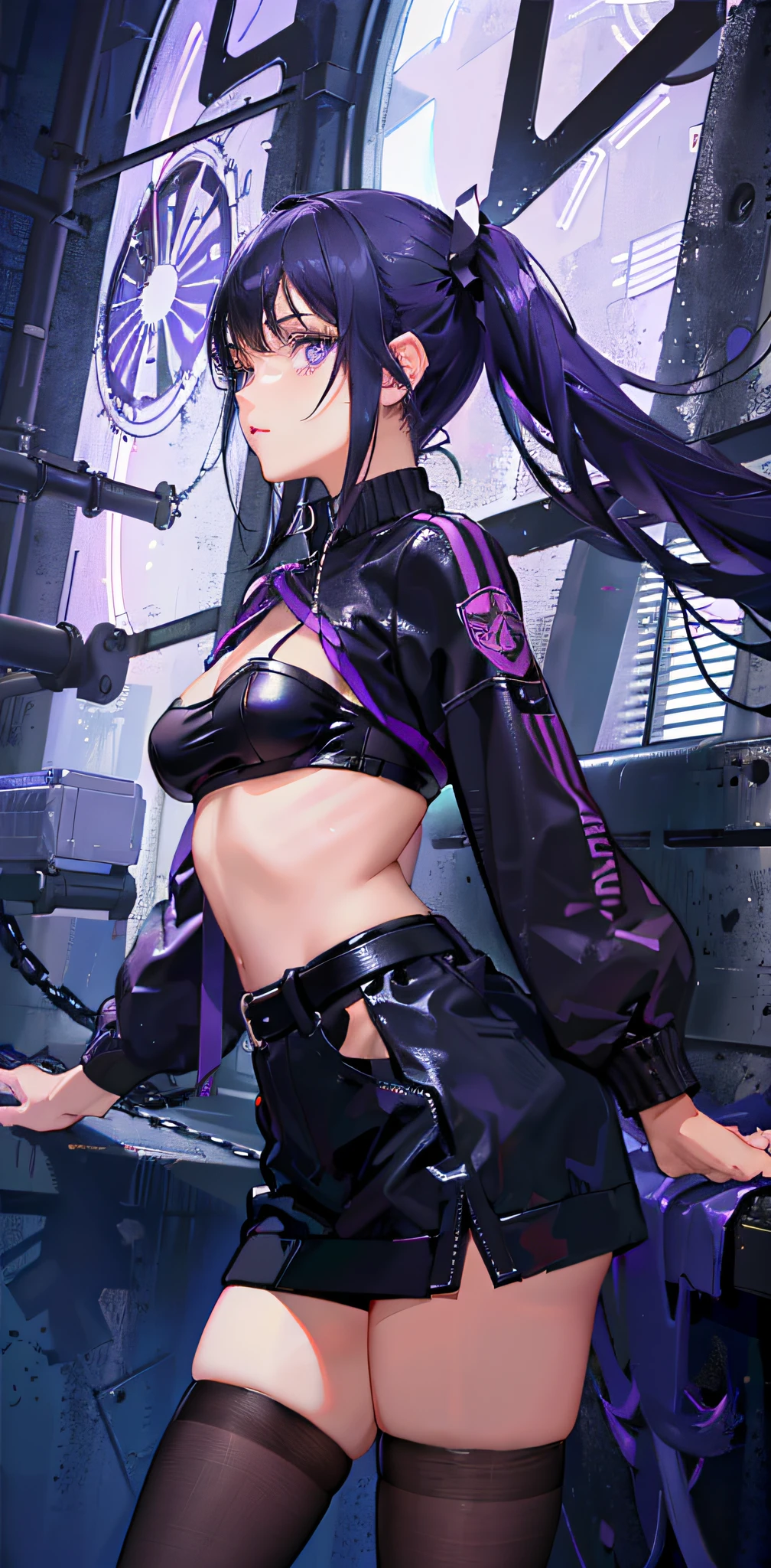 Black hair, pigtails, purple eyes, dynamic pose, black leather jumper, micro bra, side tie panty (dark: 1.2) high definition, masterpiece, best work
