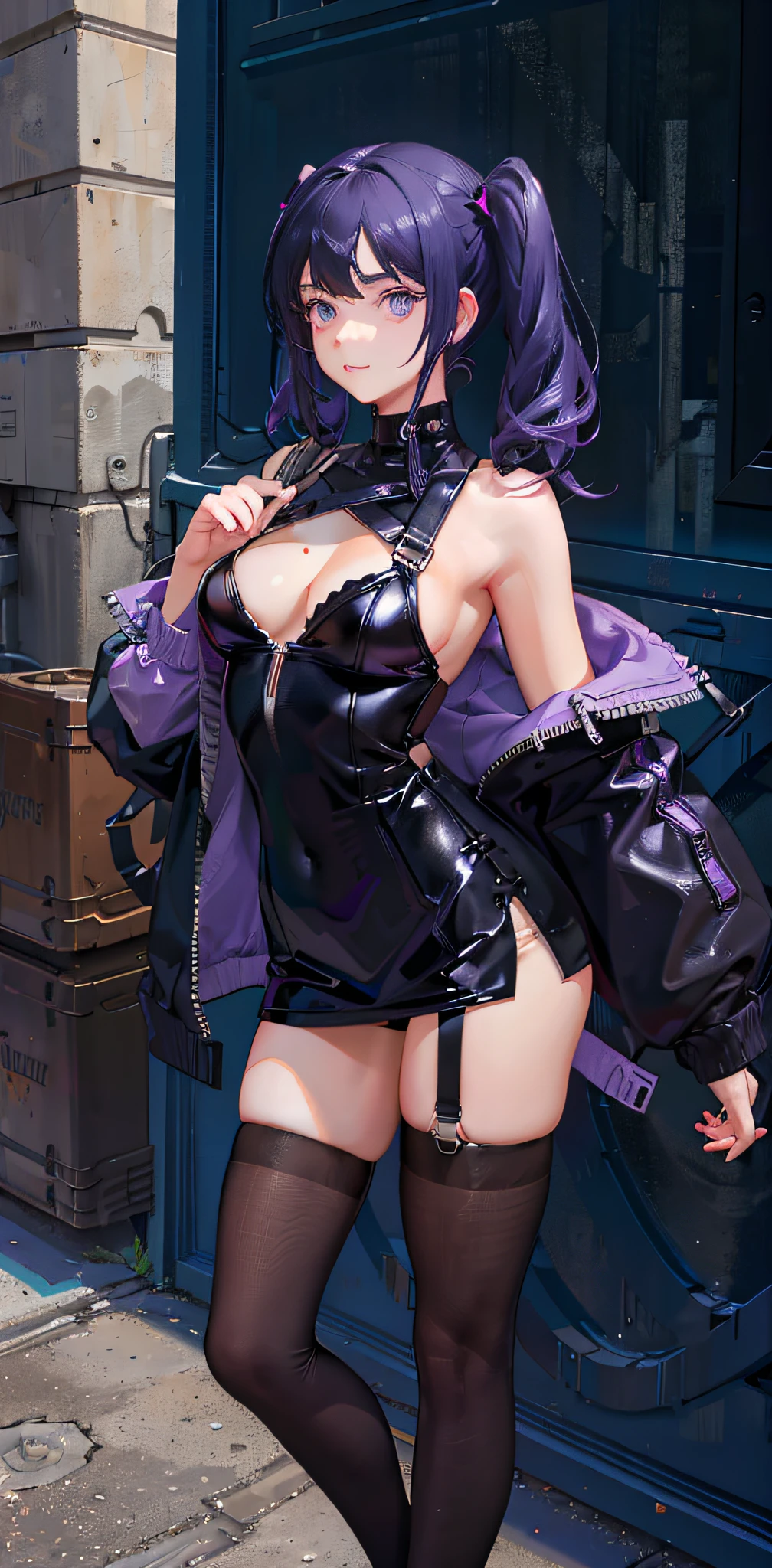 Black hair, pigtails, purple eyes, dynamic pose, black leather jumper, micro bra, side tie panty (dark: 1.2) high definition, masterpiece, best work