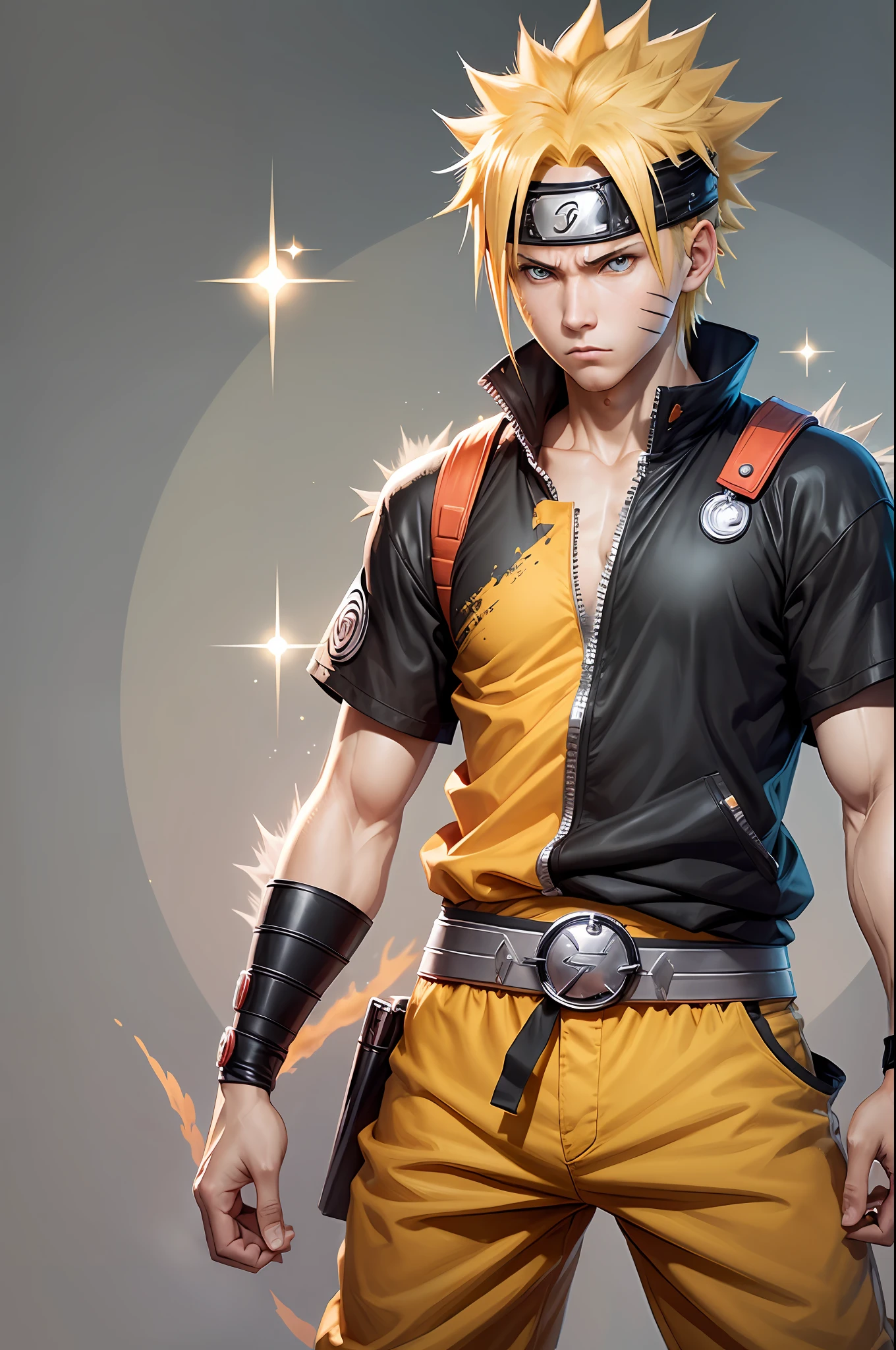 Create an image of Naruto Uzumaki in an uninteresting, emotionless pose. He must be dressed sloppily, with his orange attire faded and frayed. Your blonde hair should look dull and lifeless, without the characteristic spiky look. His eyes should look expressionless, without their characteristic sparkle. The background of the image must be monotonous and without elements related to the world of Naruto, such as ninja symbols or themed landscapes. Aspect Ratio: 16:9 --auto --s2