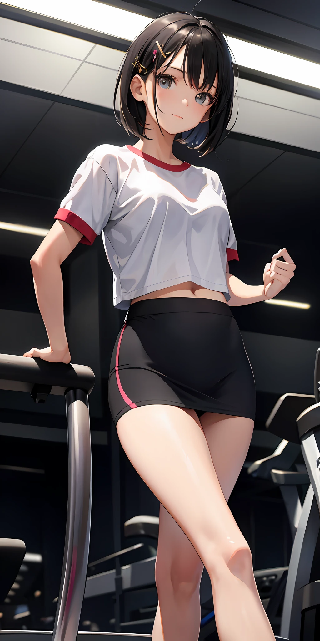Masterpiece, best quality, high resolution, very detailed, detailed background, 1 girl, looking at the audience, short black hair, hairpins, gym, yoga wear, treadmill, skirt, transparent, happy