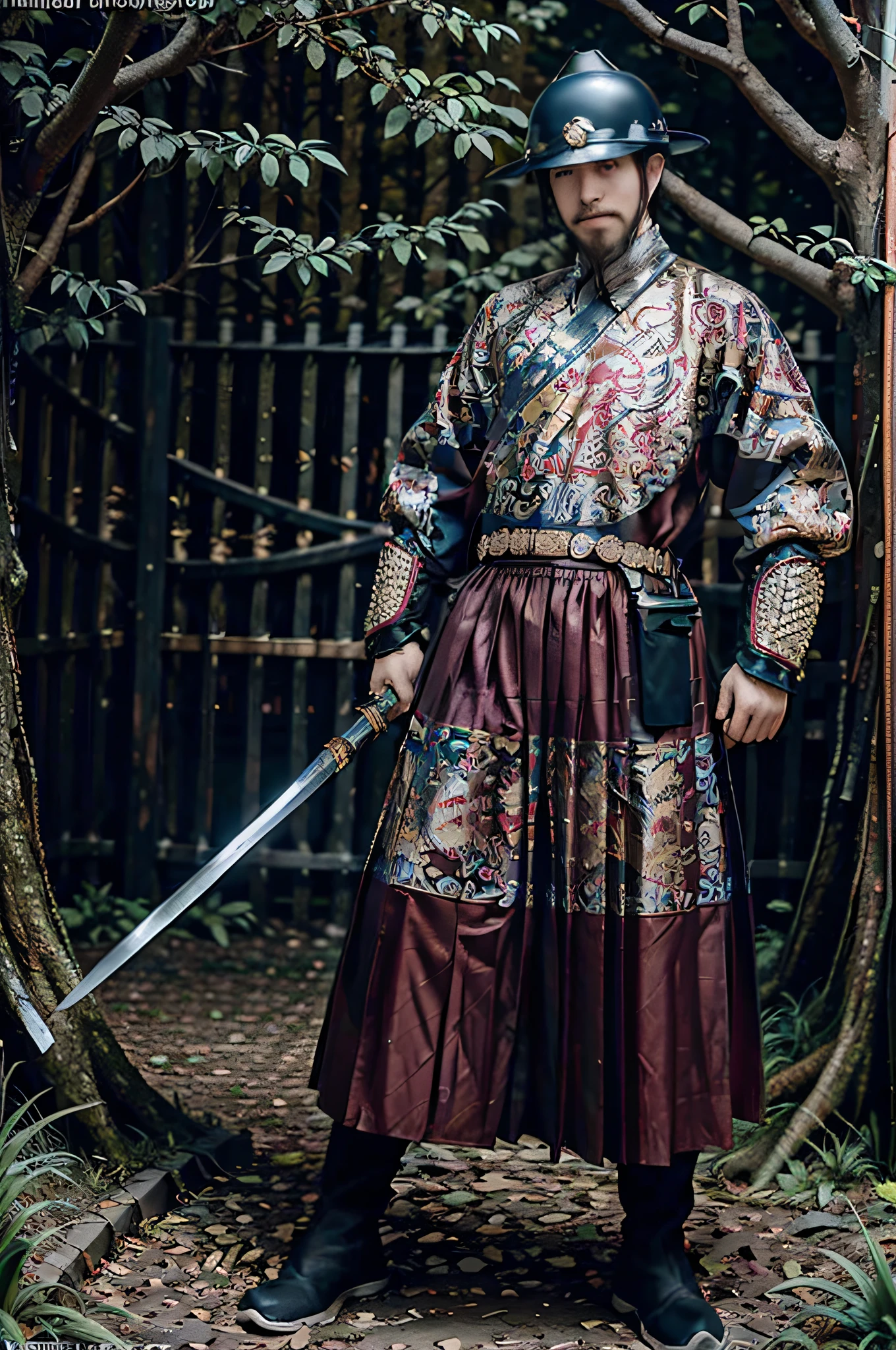 (8k, RAW photo, best quality, masterpiece: 1.2), (realistic, photo fidelity: 1.37), 1man, full body, wearing feidie_helmet, waving knife in both hands, dead tree, nature