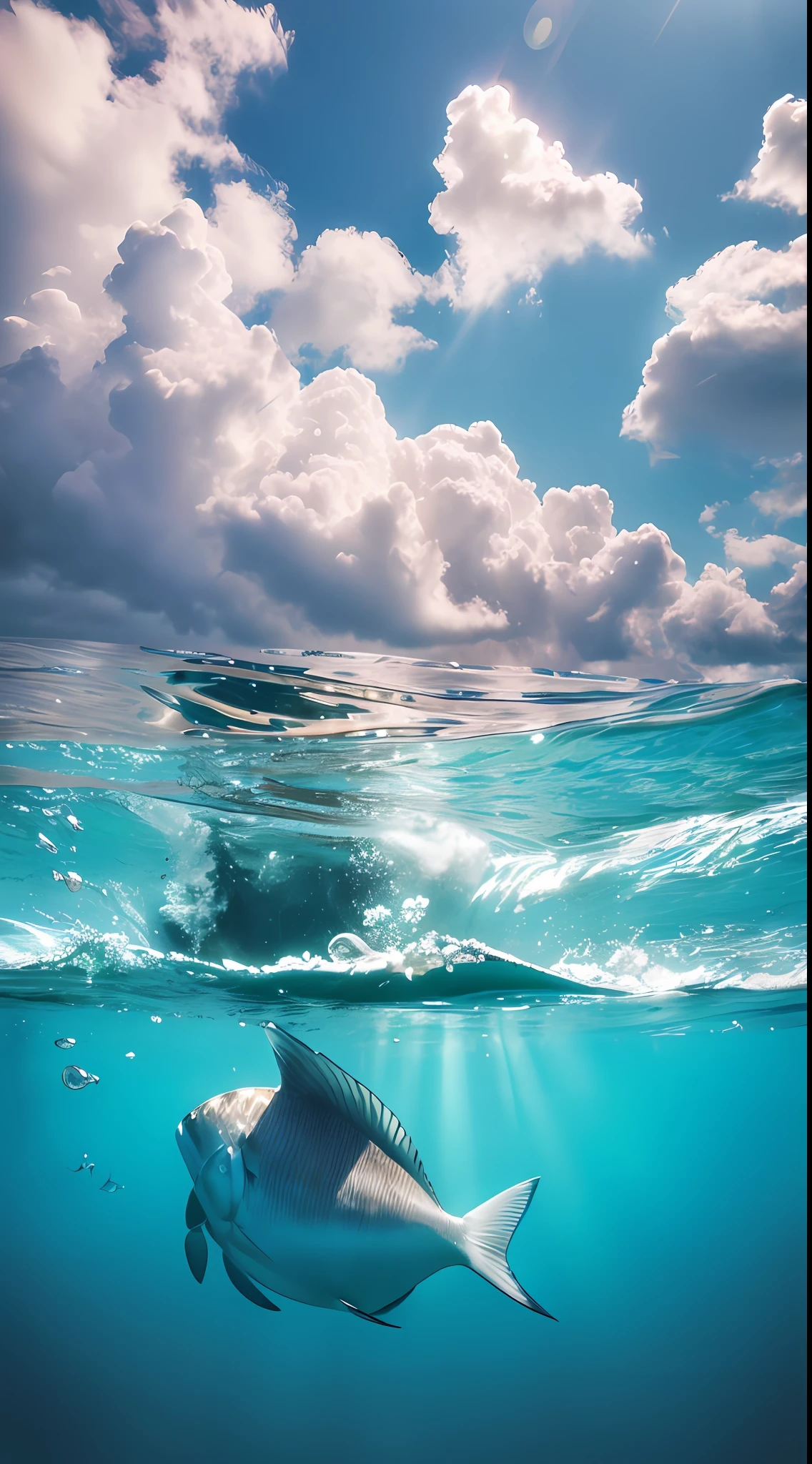 beautiful sea, summer, clouds, masterpiece, cinematic, soft light, ray tracing, reflection underwater, realism, ulra details,