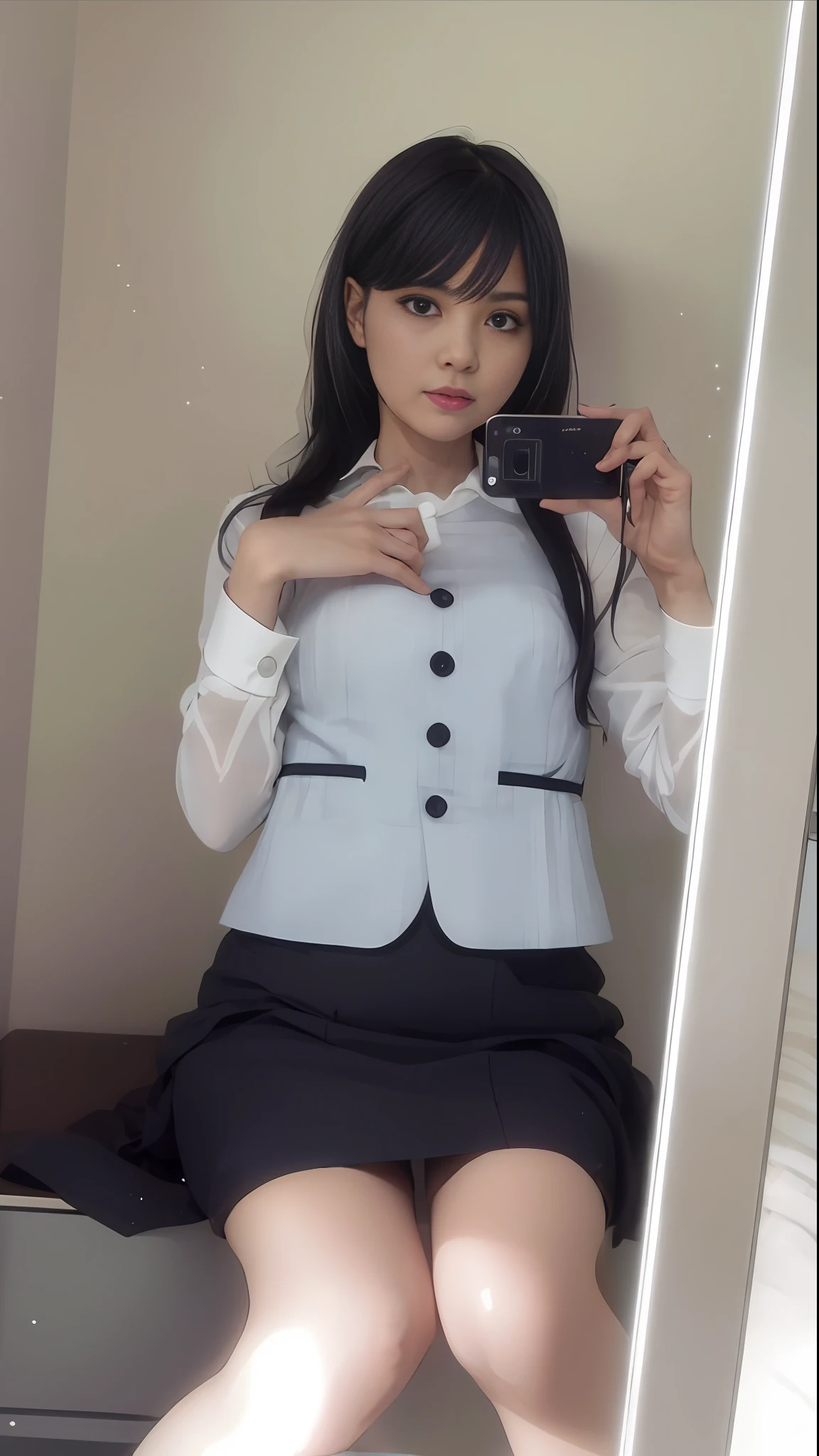 Alafed asian woman taking selfie in mirror, girl in suit, business clothes, girl in suit, office clothes, wearing business suit, photo of costume, wearing business suit, wearing business casual dress, wearing business dress, wearing fashion suit, wearing strict business suit, wearing business clothes, wearing suit, work clothes, ((delicate 1:2)), White manicure