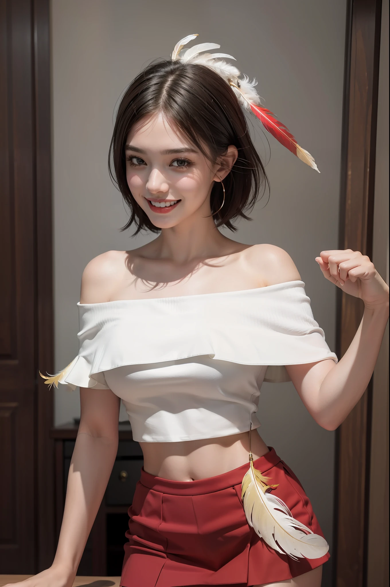 (8k, RAW photo, top quality, masterpiece: 1.2), (realistic, photorealistic: 1.37), ultra detailed, ultra high resolution, one girl, (side shot: 1.5), beautiful detailed face, smile, teeth, (feather cut: 0.6), white off-shoulder, red mini skirt, professional lighting, detailed room, indoor,