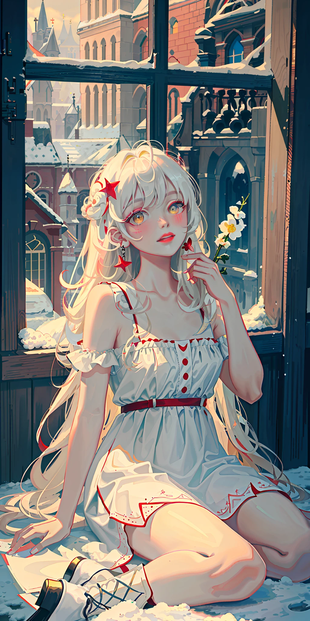 Highest quality, god, masterpiece, melancholy girl, slightly drunk makeup, red lips, exquisite CG, HD, beautiful, dreamy, light and shadow, white messy long hair, very long hair, yellow eyes, low neck white dress, collarbone, sitting on the ground, drunk, blush, laughing, red lips, curved legs, black high-top boots, against the window, snowing