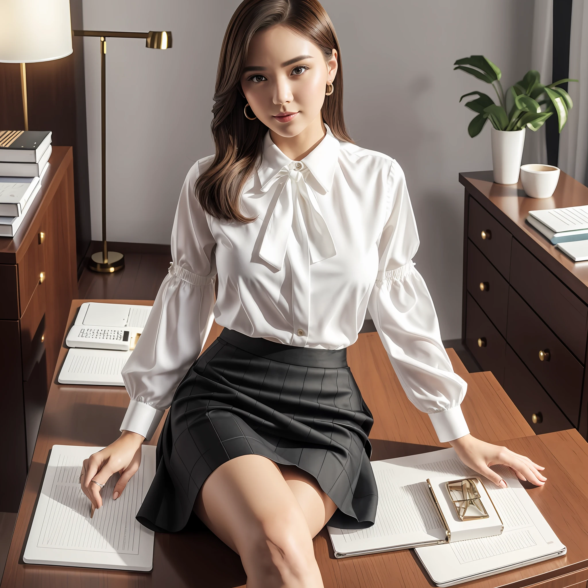 Young woman, woman, realistic, secretary, H-line skirt, high heels, 4k, very detailed skin, white blouse, brown hair, slander, short hair, announcer, 20s. --auto --s2