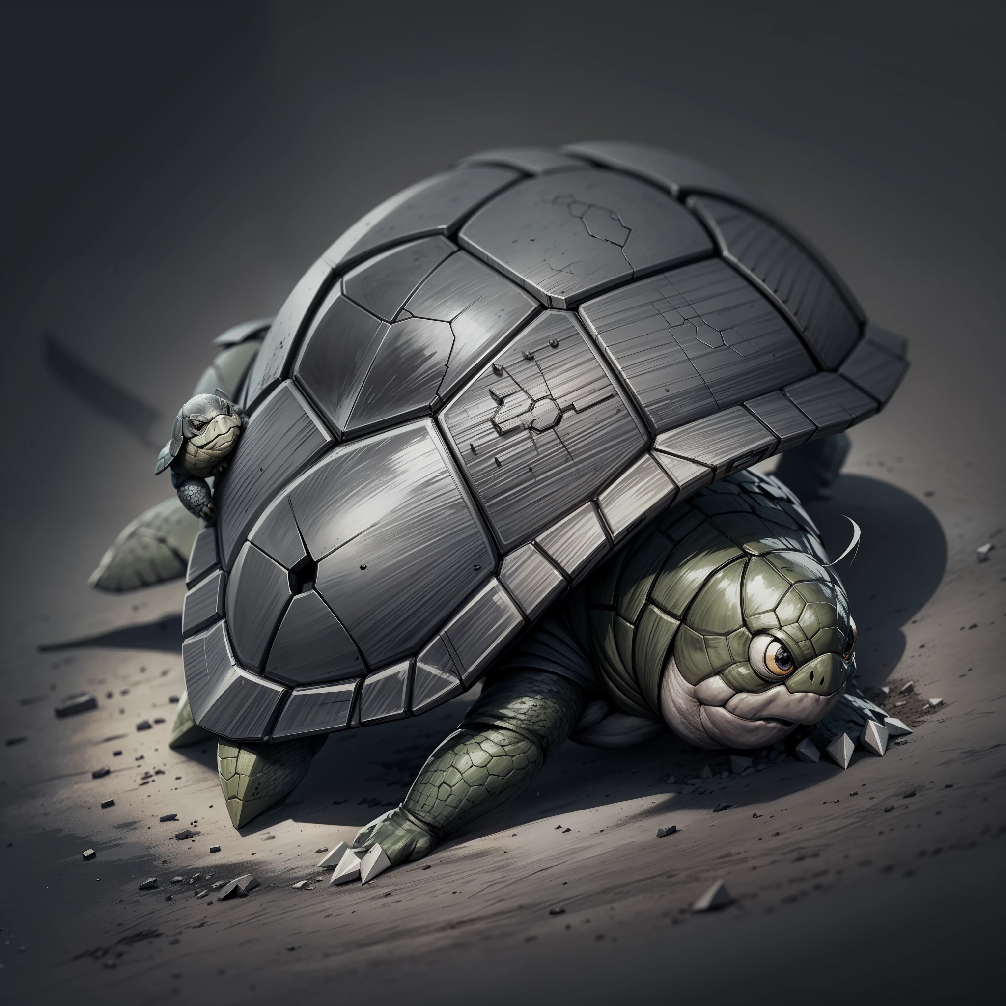 Line style, battle damage, turtle, scan, black and white, sketch, light and shadow, projection, cute --auto --s2