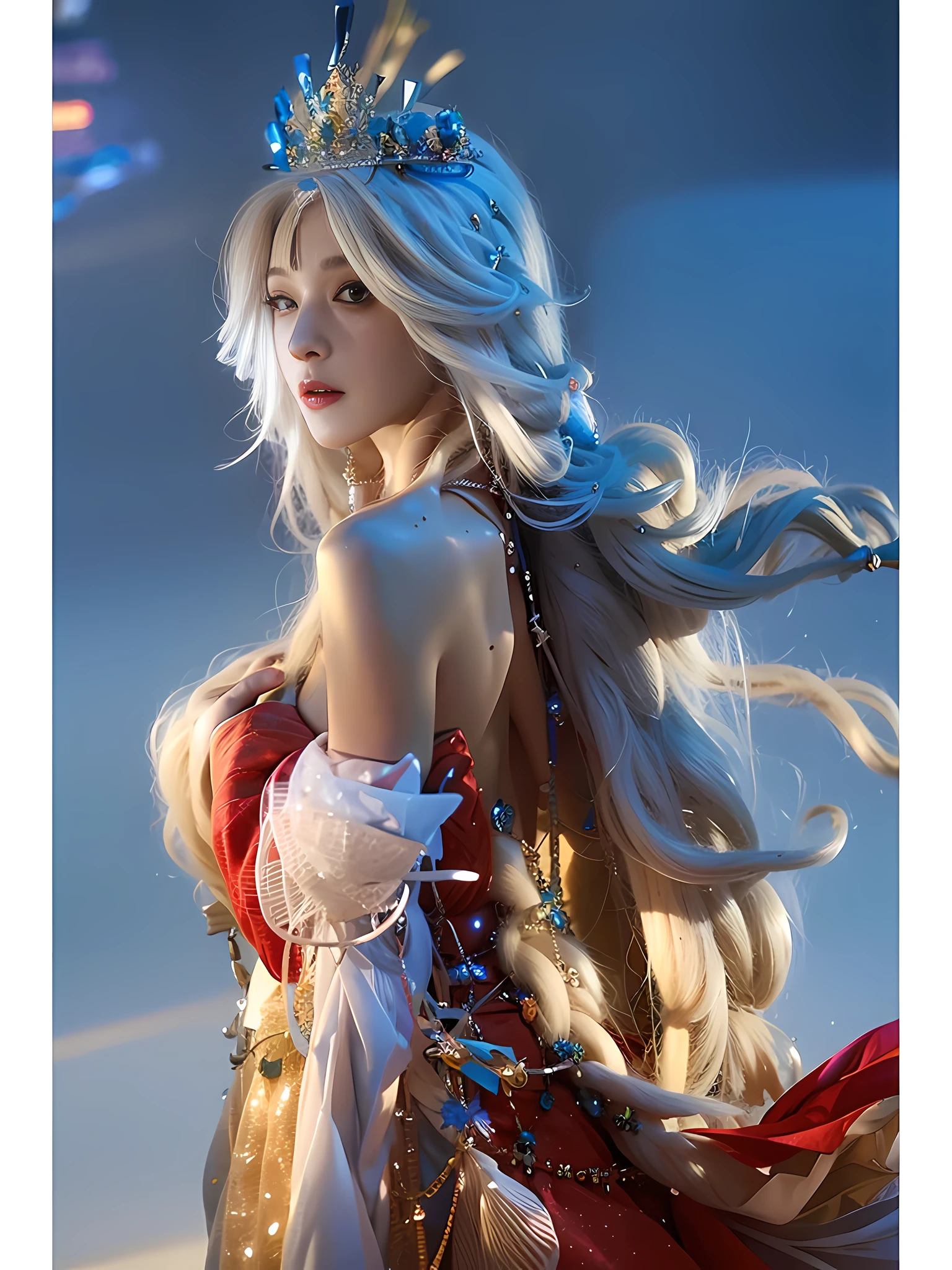 Best quality, best lighting, superb photo, best texture, silver blue flowing long hair, simple braided hair, sensual intellectual cool temperament beauty, red long skirt, low-cut tucked outside beauty, ferret hair embellishment, gold exquisite belt, perfect body, pointed long and exquisite hair accessories, sense of atmosphere, perfect sideways, Arad woman in red dress with feathers on her head, Tifa Lockhart with white hair, anime girl cosplay, long white hair, long white hair, popular on cgstation, Portrait of a Zodiac Girl Knight, White-Haired God, from Final Fantasy, by Yang J, Pop on CGSTATION, [Popular on CGSOCIETY]!, White-Haired