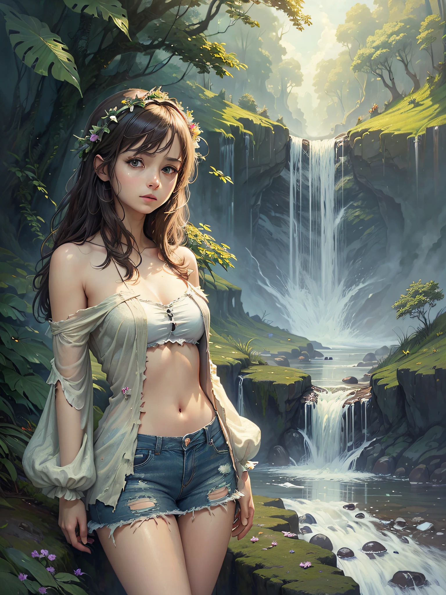 (best quality:1.33), (masterpiece:1.42), (realistic:1.24), (detailed:1.15), 1girl, wearing bikin, torn outfit, landscape, tiny waterfall, dreamy