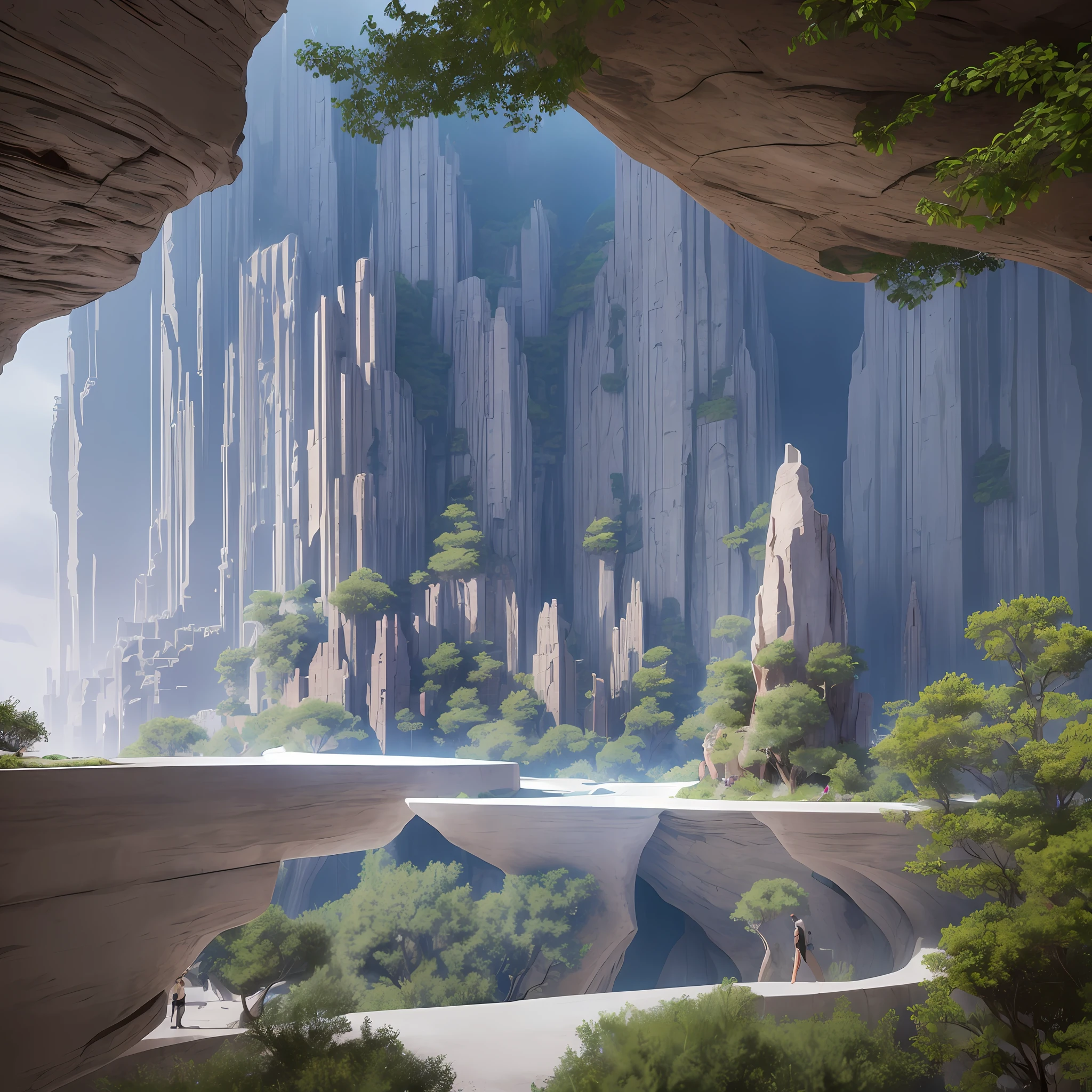 Futuristic design of cave architecture interiors concept art on grand Canyon caves nature architecture, proportional,detailed, cave architecture nature meets futuristic architecture by Toyo Ito and Philip Johnson ,residential area, futuristic development, high rise made up staircases, balconies, full of rock and glass facades, residential spaces carved from cliff side ,trending on artstation, beautiful lighting,In the style of Jean Nouvel masterpiece, fantasy, intricate, award winning, 4k, highest quality render --auto --s2