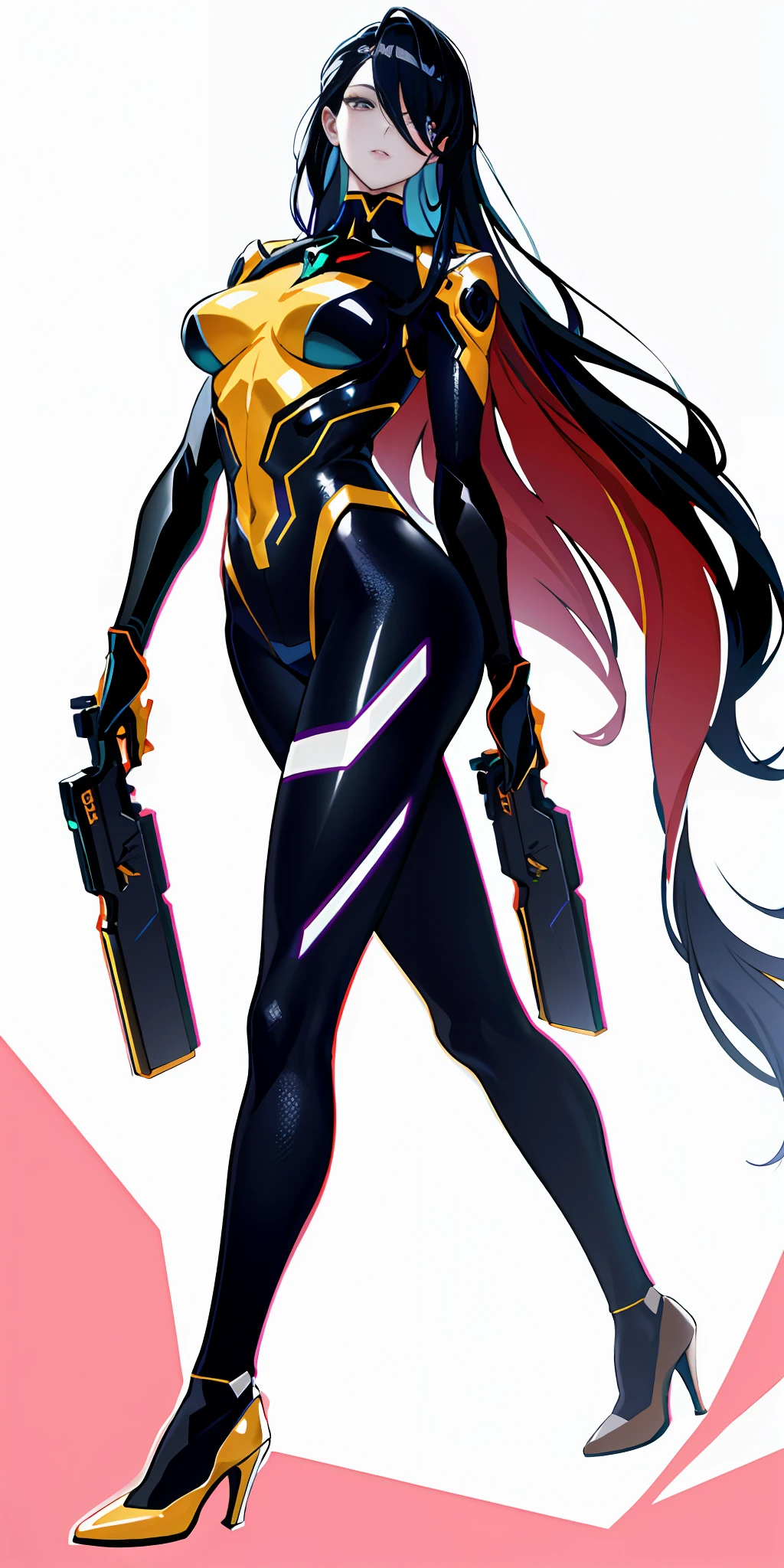 Drawing of woman in tights and high heels, full body painting, dynamic perspective pose, pistol in hand, dynamic, algorithmic art style, image detail, color balance, clear color, bright background, Limboli suit, EVA, anime style, high quality, 8K, masterpiece, high resolution, Frank Cho art direction, single point of view, white background.