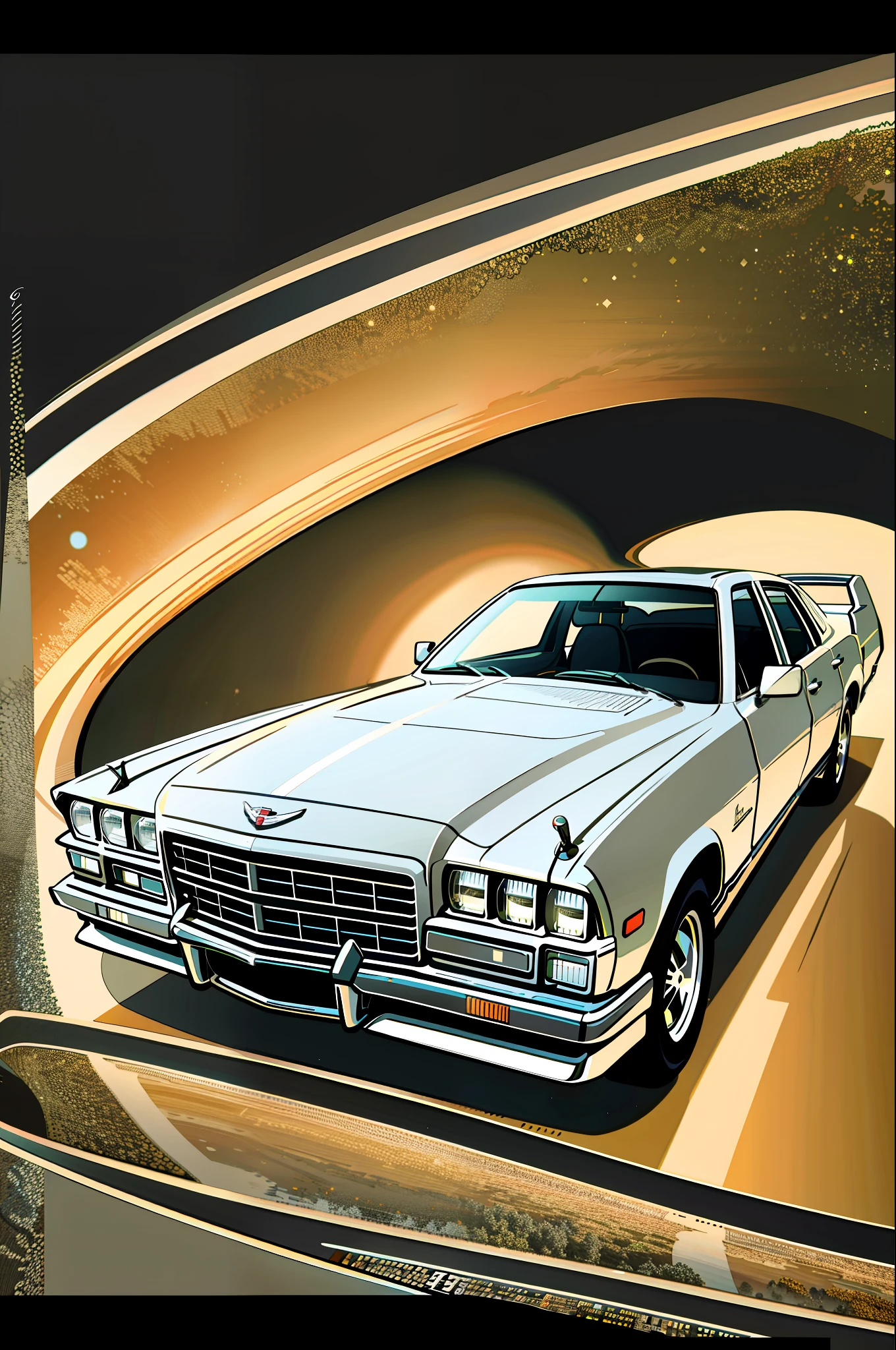 Absurdres , masterpiece quality , extreme resolution , 128k , 64k , hyperdetailed intricate of Cadillac , illustration , vector, sunset, intricate, highly detailed