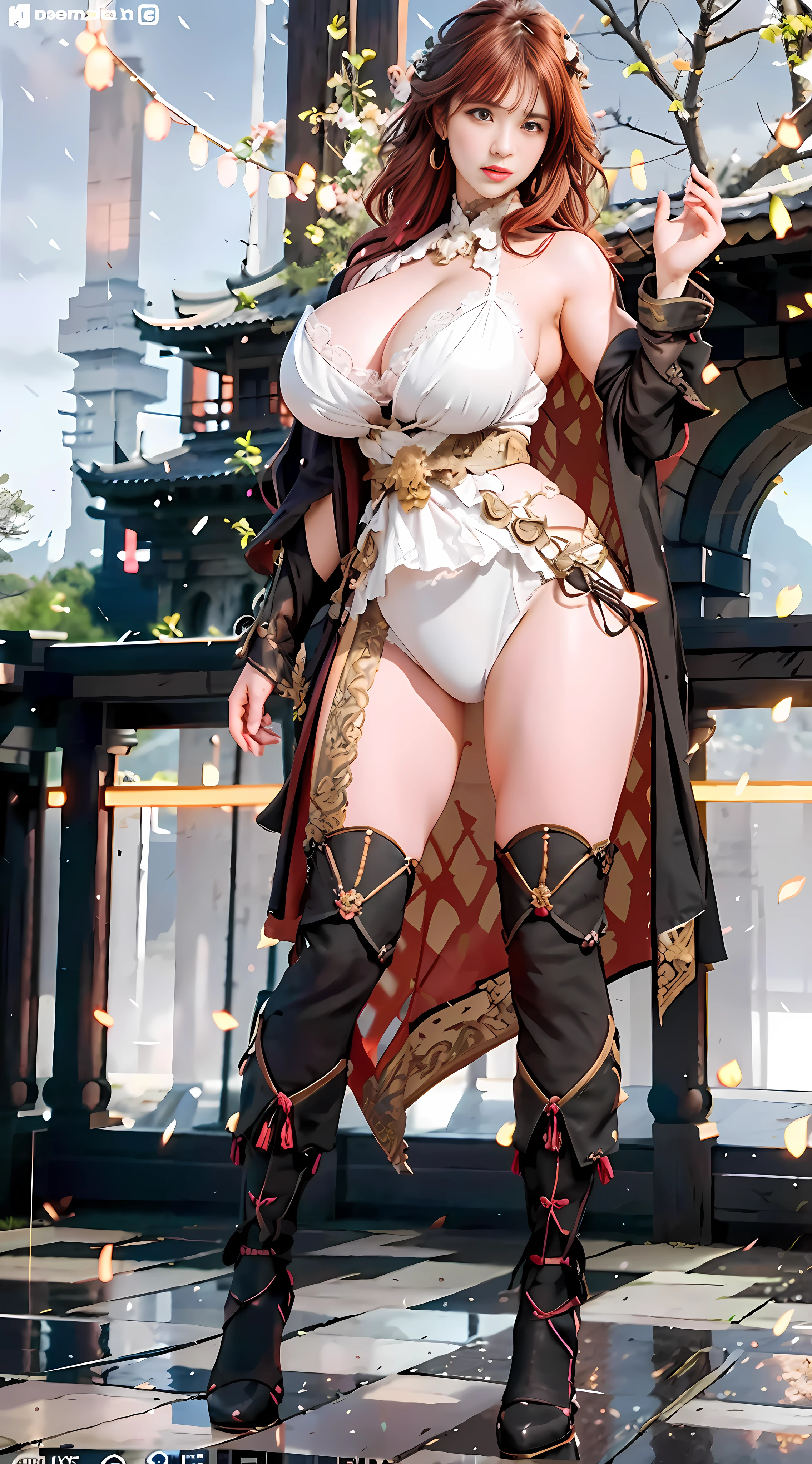 Unreal Engine 5 Realistic Rendering, physically-based rendering, RAW photo, highly detailed background, Standing on kyoto castle, high res, beautiful face, top body is hyperrealistic thicc muscle and hyper largest_breasts!! with the type of boobs_melons, lower is huge buttocks,