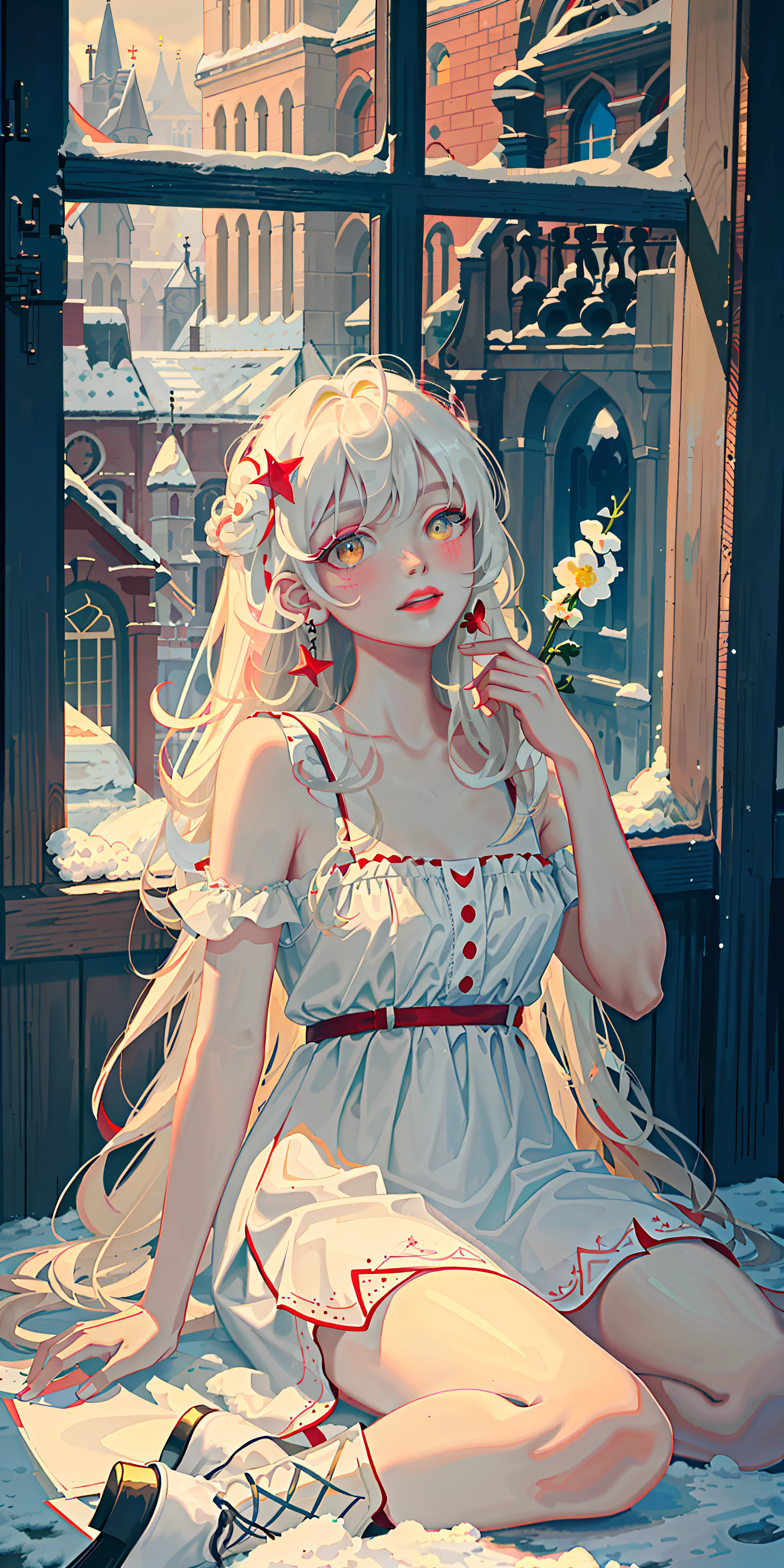 Highest quality, god, masterpiece, melancholy girl, slightly drunk makeup, red lips, exquisite CG, HD, beautiful, dreamy, light and shadow, white messy long hair, very long hair, yellow eyes, low neck white dress, collarbone, sitting on the ground, drunk, blush, laughing, red lips, curved legs, black high-top boots, against the window, snowing