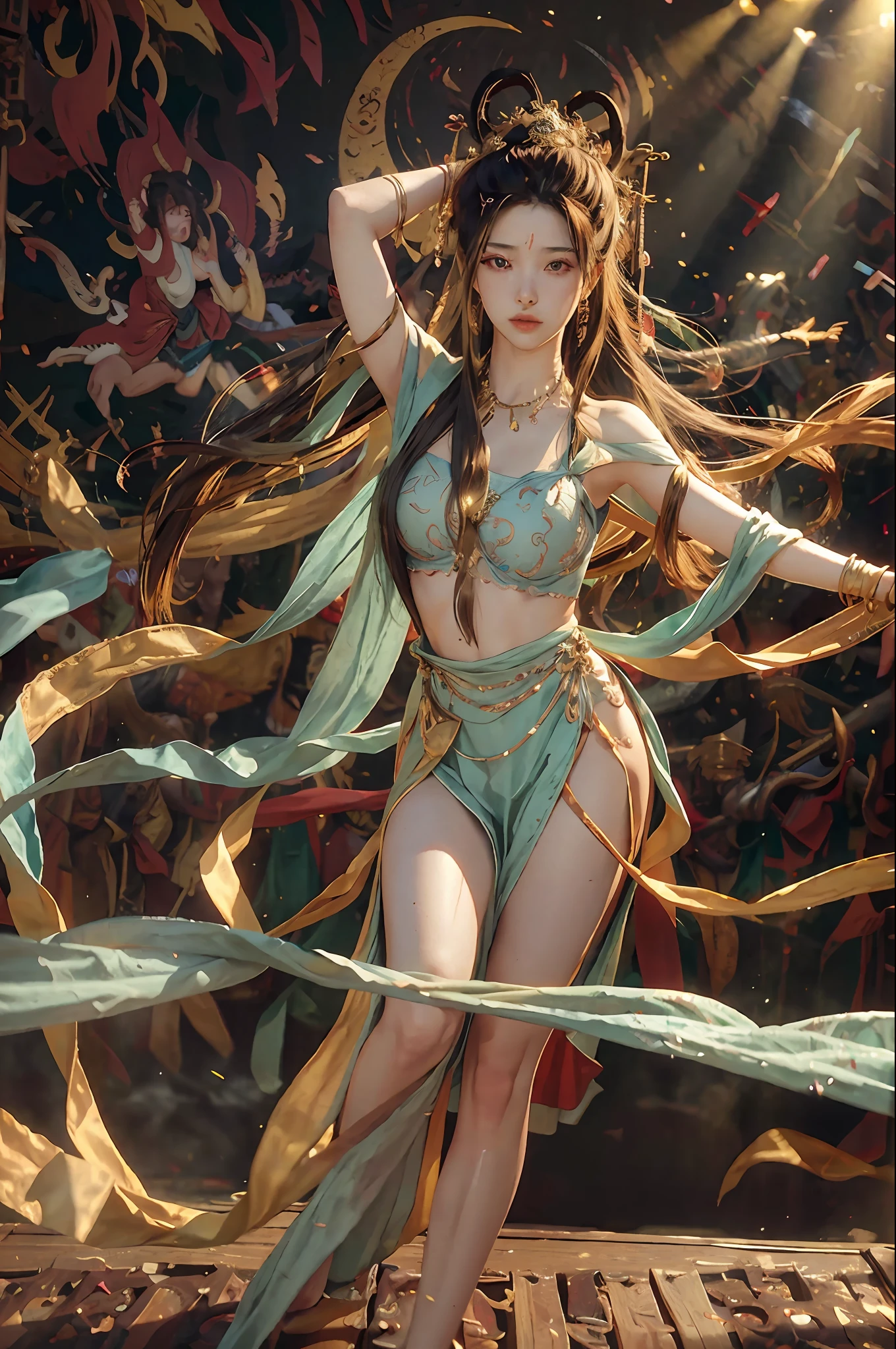 nsfw,(RAW photo, best quality),(realistic, photo-realistic:1.3),best quality,highly detailed,masterpiece,ultra-detailed,illustration,1 dancing girl,full_body,dynamic angle,world masterpiece theater,messy_long_hair,best quality,extremely detailed CG unity 8k wallpaper,ink,Amazing,cinematic lighting,lens_flare,dunhuang_style,