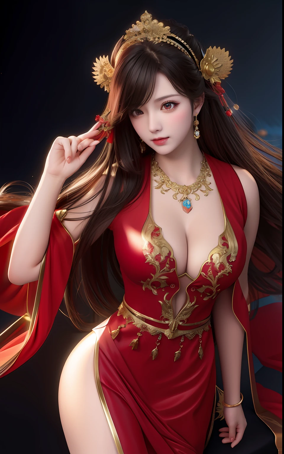 Masterpiece, A hot girl in red dress riding black horse realistic and hyper detailed