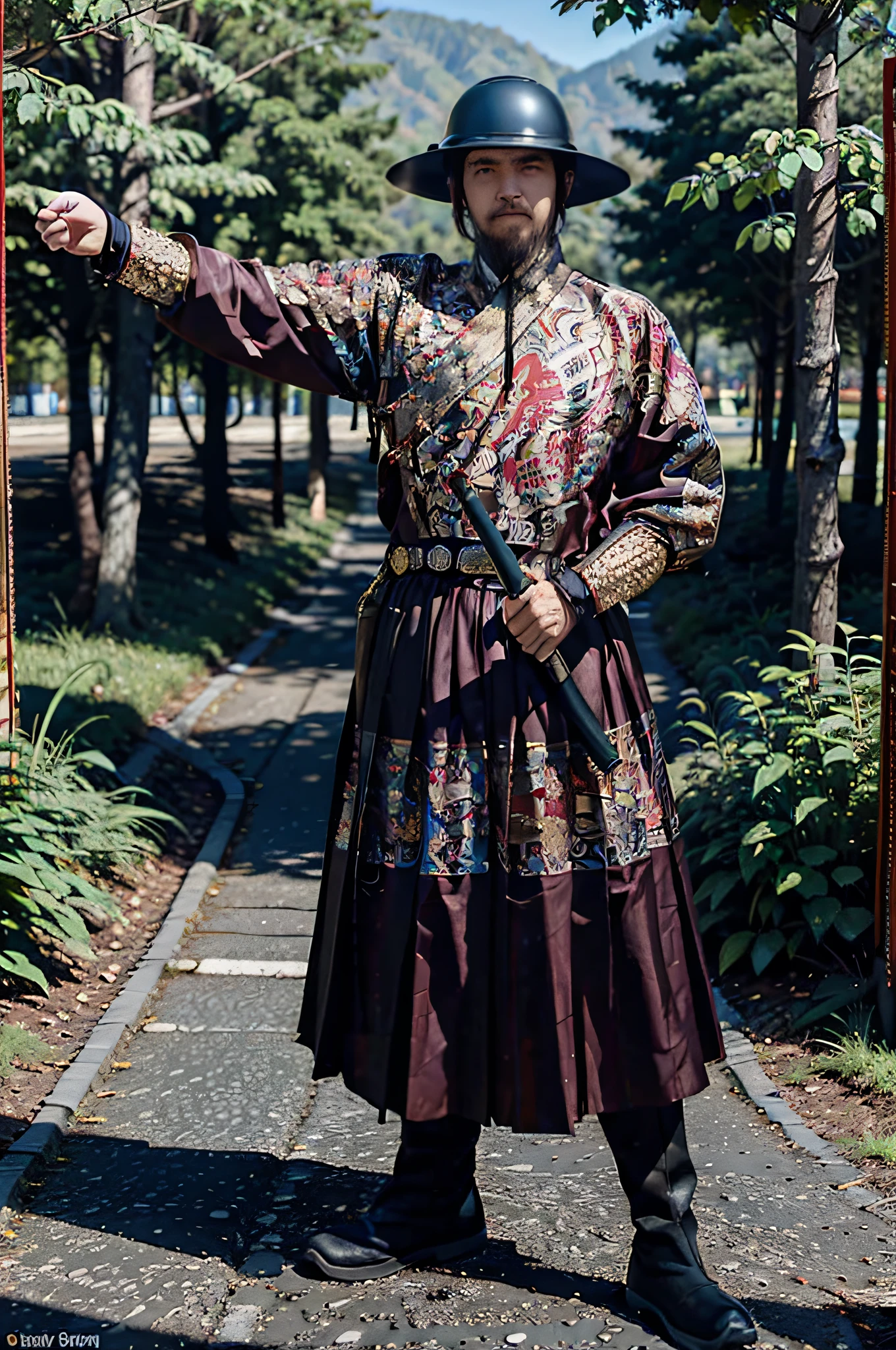 (8k, RAW photo, best quality, masterpiece: 1.2), (realistic, photo fidelity: 1.37), 1man, full body, wearing feidie_helmet, waving knife in both hands, dead tree, nature
