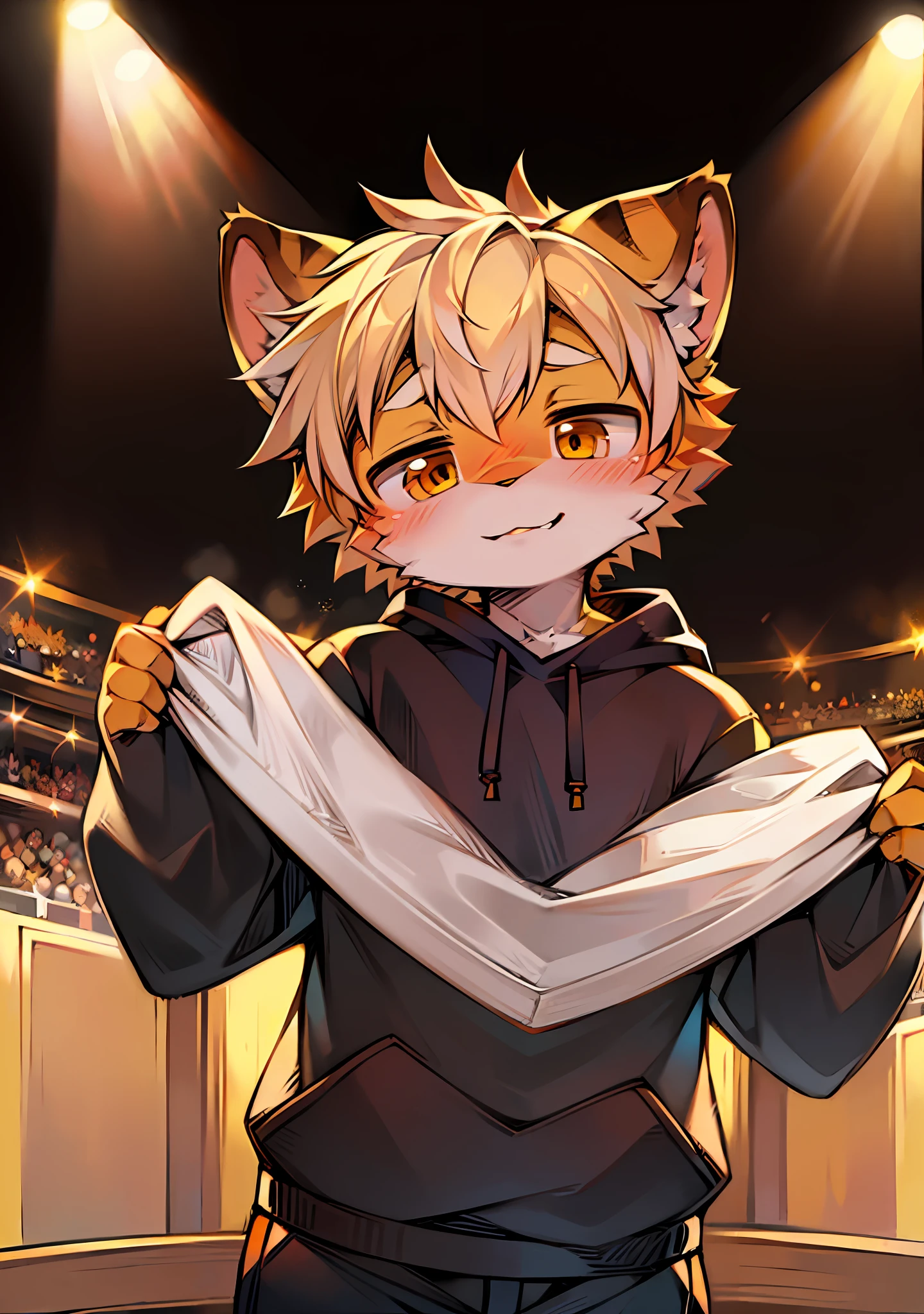 (1 Boy: 1.4), Tiger Boy, (Furry: 1.5), (Junior), Super Cute Face, Body Fur, (Full Body: 1.1), Perfect Lighting, (Masterpiece), (Ultra Detailed), Eye Look, Blush, Look at the Audience, Solo, Super Detailed Fur, BREAK, Orange Fur, Close-up, Backlight, White Belly, Round Ears, Black Sweatshirt