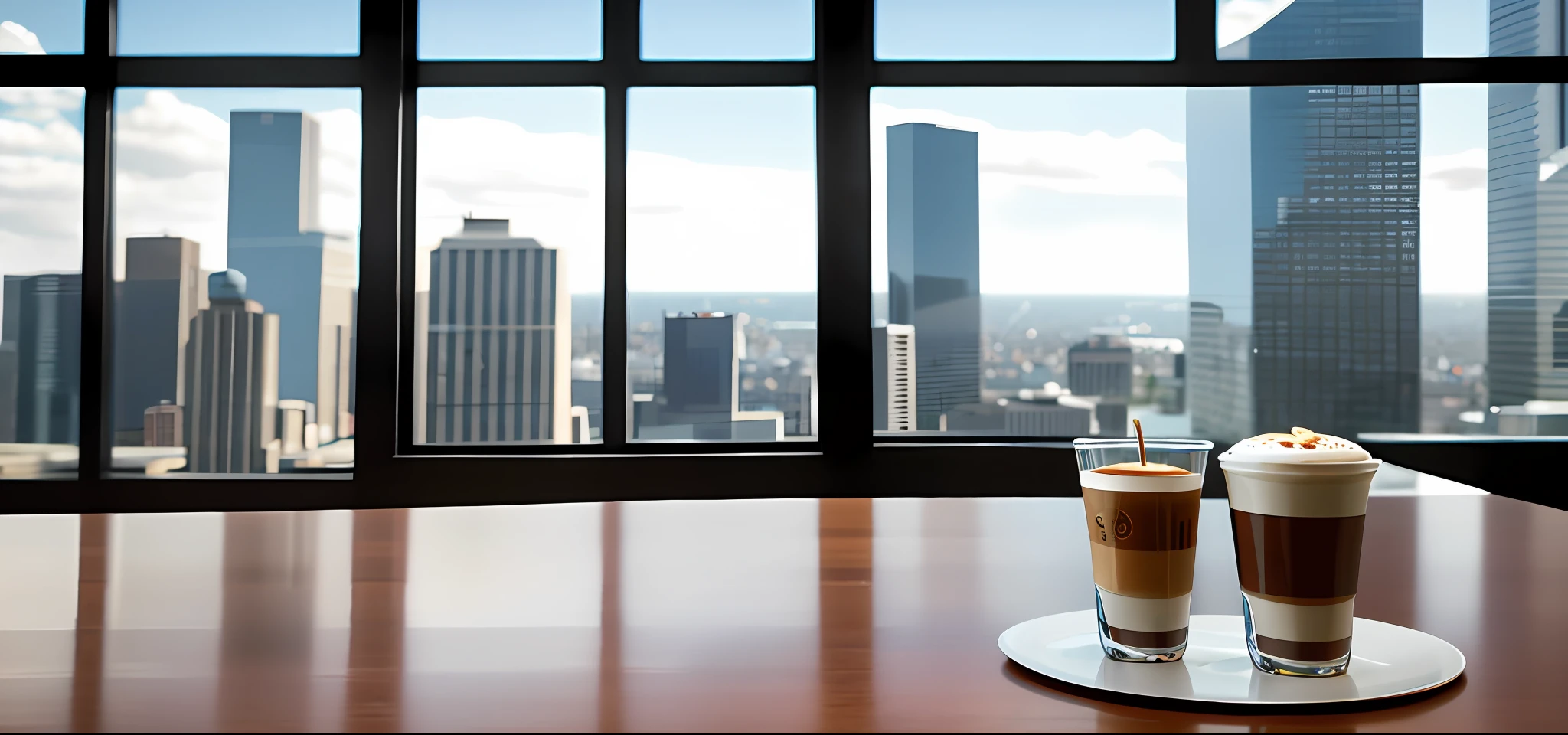 Table top three cups coffee close-up, American coffee close-up, coffee detailed close-up, business meeting table coffee, modern decoration, front and side are floor-to-ceiling windows overlooking the modern city, expansive movie view, accurate architectural rendering, romantic light and shadow, realistic images, 8k, photos, large aperture, Kodak perspective, bright tones, UHD