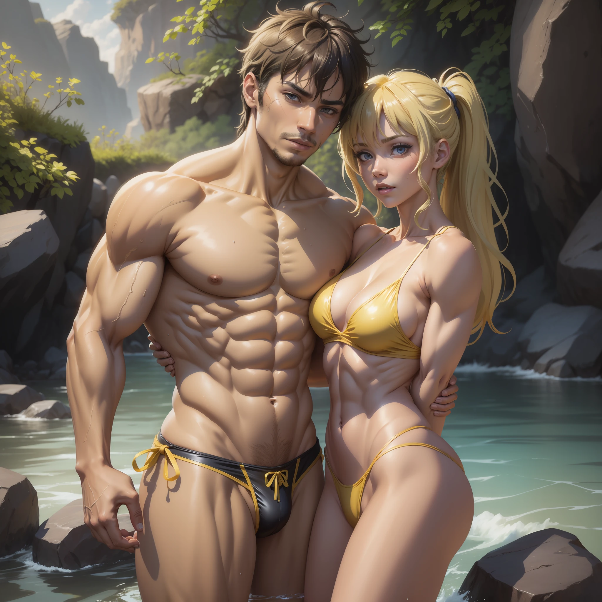 muscular half- man, muscular half-naked girl in yellow bikini, light wet shiny skin, swimsuit, masterpiece, high quality