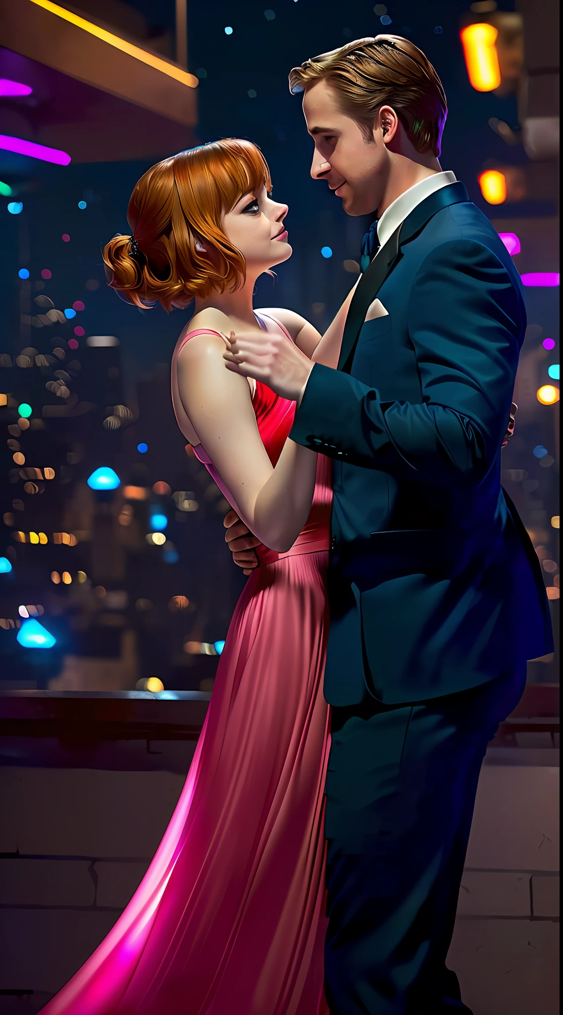 Create a mesmerizing image inspired by the romantic chemistry between Emma Stone and Ryan Gosling in 'La La Land.' They are seen passionately dancing in a futuristic, sci-fi cityscape. The city should be adorned with neon lights, floating vehicles, and skyscrapers that stretch into the starry night sky, blending elements of romance and science fiction seamlessly, detailed face, photo realistic