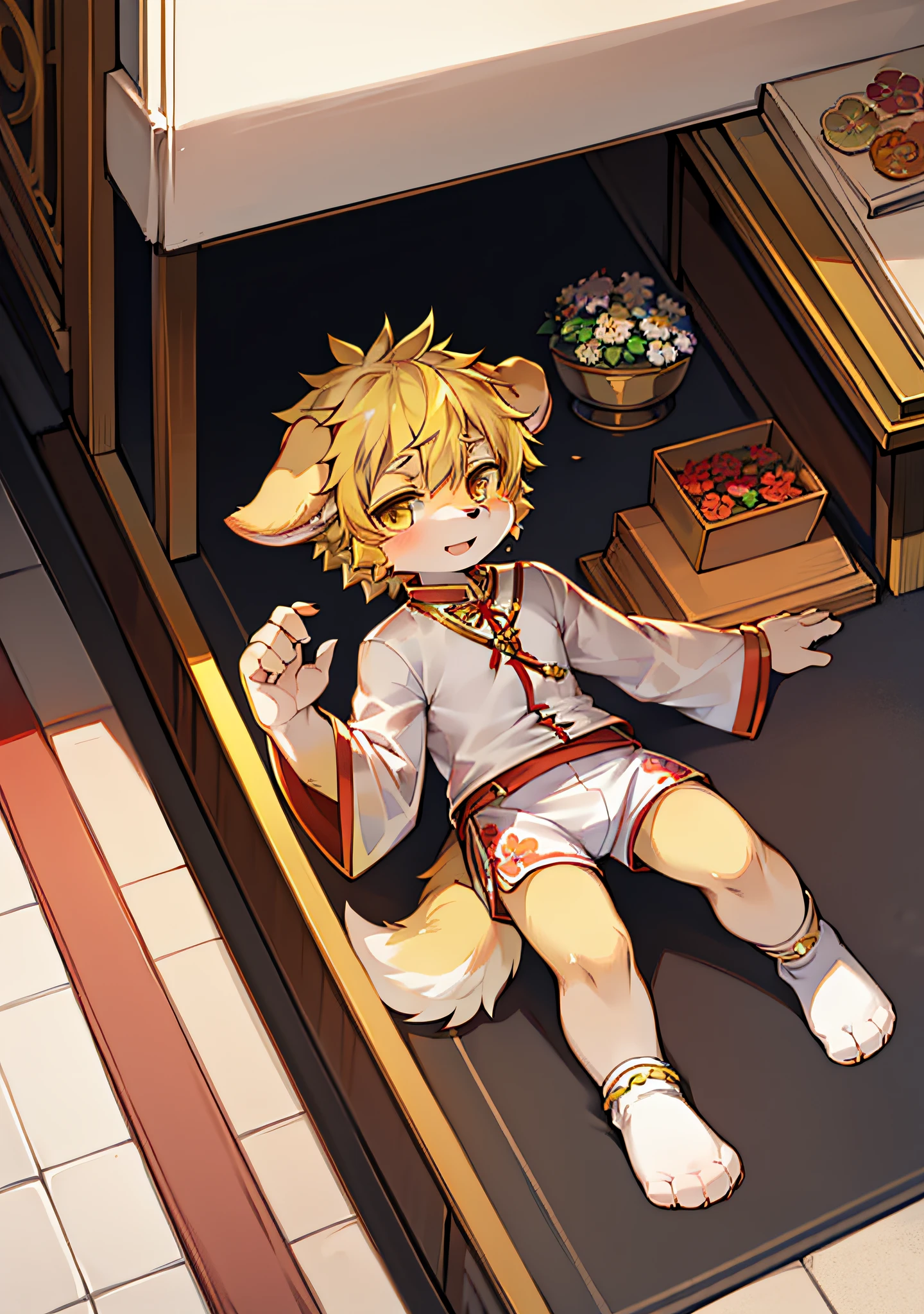 furry , dog boy, dog boy, dog boy, dog boy, little man, (dog tail), little feet (with socks), floral anklet, yellow hair, light blonde eyes, , national style clothes (red), aoeu, aoeu, long cheongsam (outer garment), hanfu (outer garment), white clothes (inner shirt), boy, boy , boy, noble clothes (red), cute, zhengtai, on the road