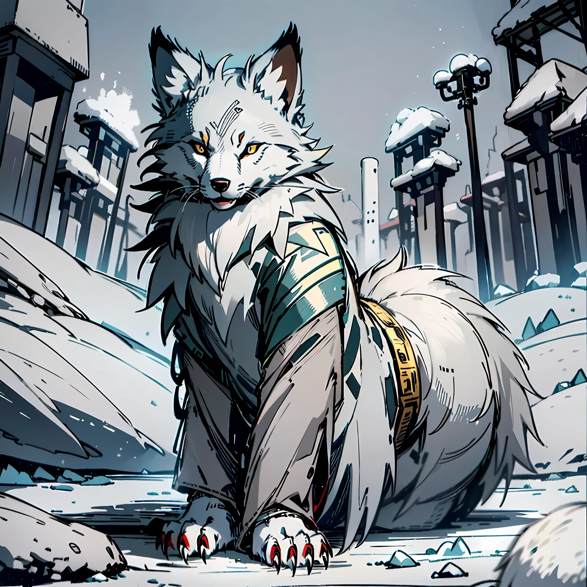 Solo, furry, male arctic fox, canine, gray fur, gray skin, gray ears, golden eyes, sharp claws, fluffy tail