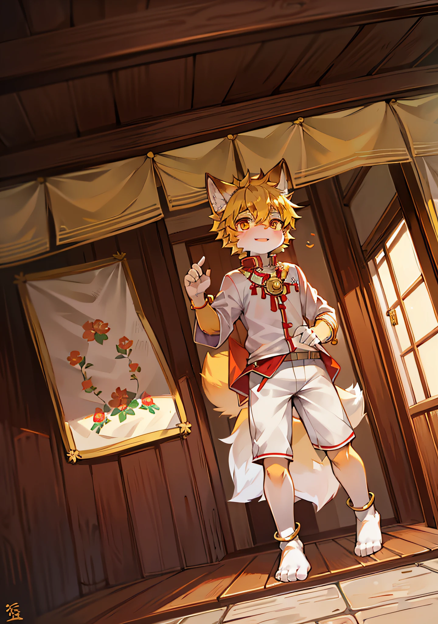 furry , fox boy, fox boy, fox boy, fox boy, fox boy, little man, (fox tail, nine tails), little feet (with socks), floral anklet, yellow hair, orange eyes, , national style clothes (golden), aoeu, aoeu, aoeu, aoeu, long cheongsam (outer garment), hanfu (outer garment), white clothes (inner shirt), boy, noble clothes (golden), cute, Shota, on the way