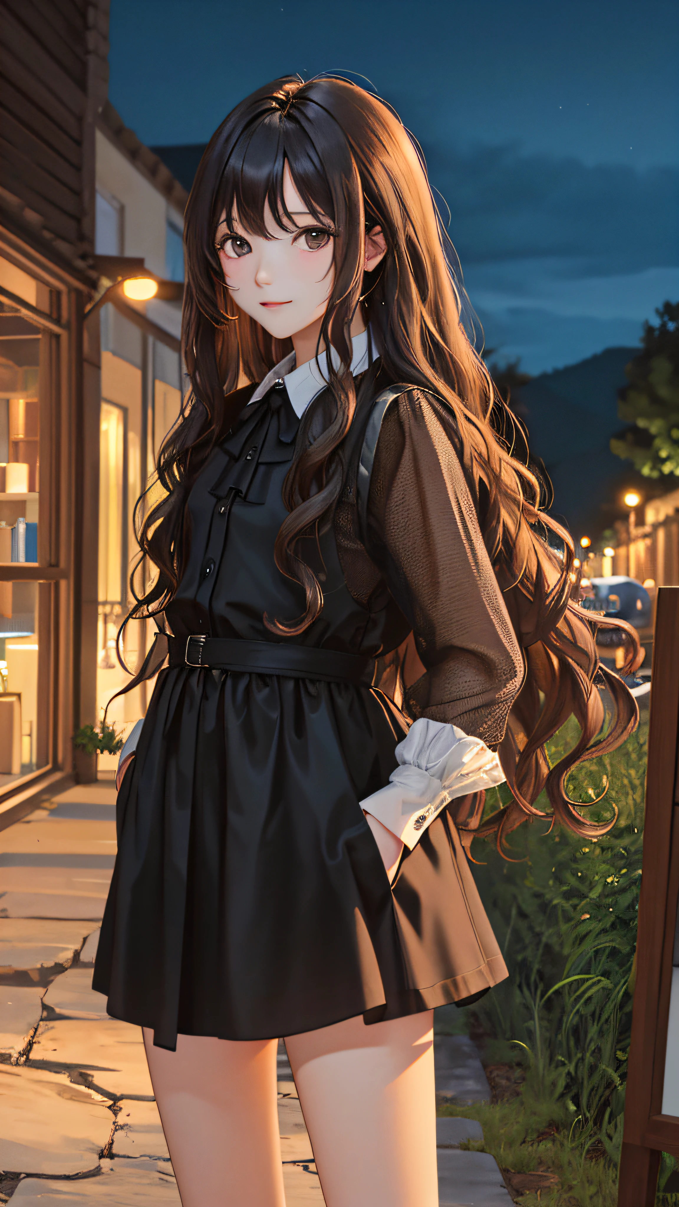 (masterpiece:1.2), (best quality:1.2), night, (looking at viewer), bright skin, cowboy shot,
outdoors, fringe,
long hair, (wavy hair),