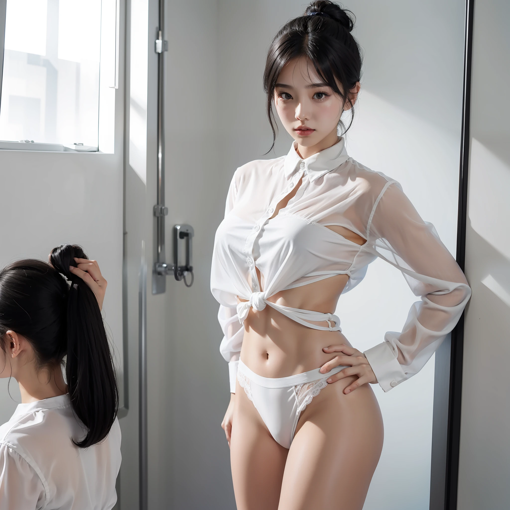White transparent shirt; Reveals black underwear; professional attire; bust photos; Black hair tied up; Put your hands behind your back; Korean girls; professionals; Mature woman