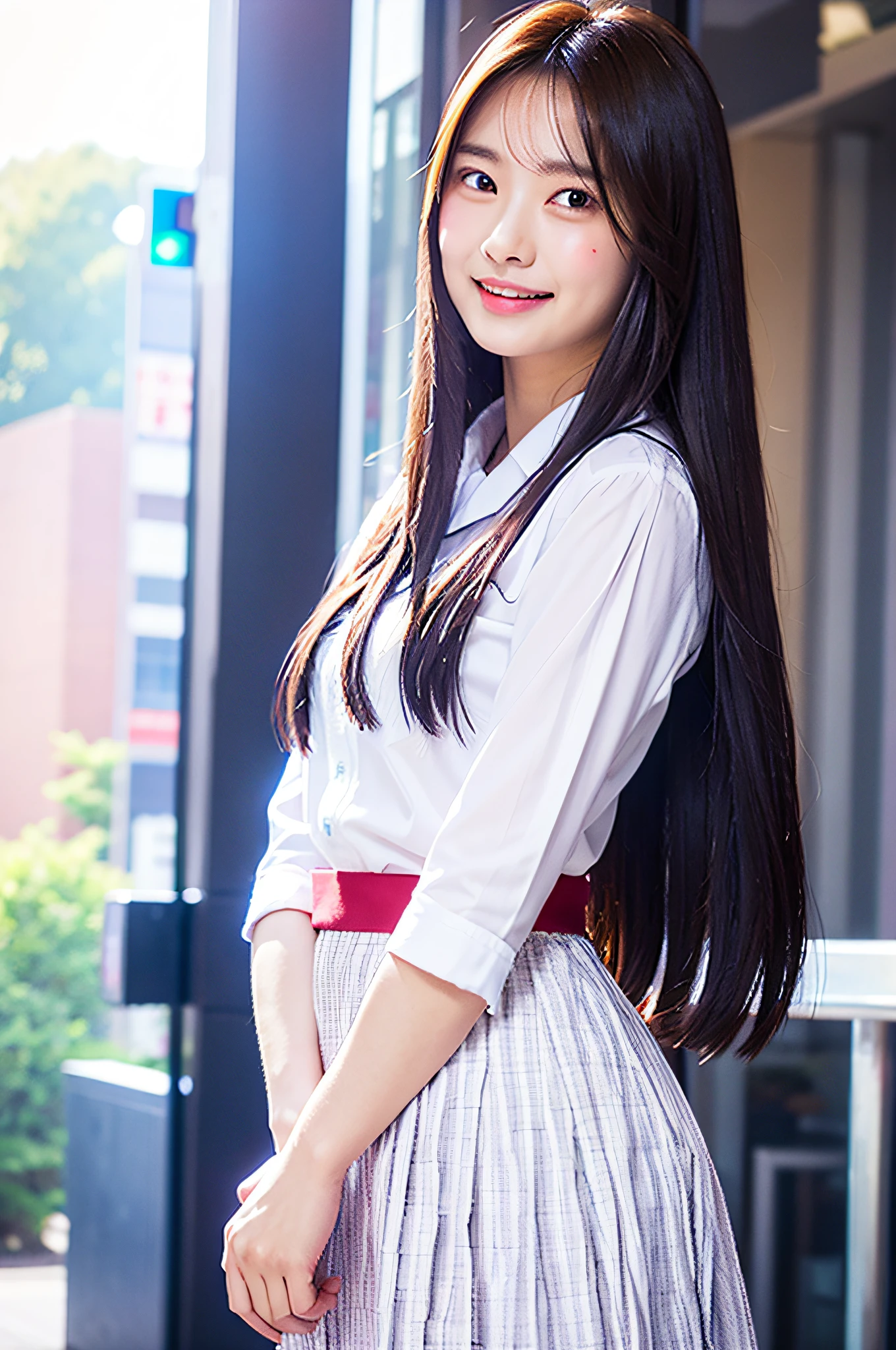 Laughing, white blouse, campus