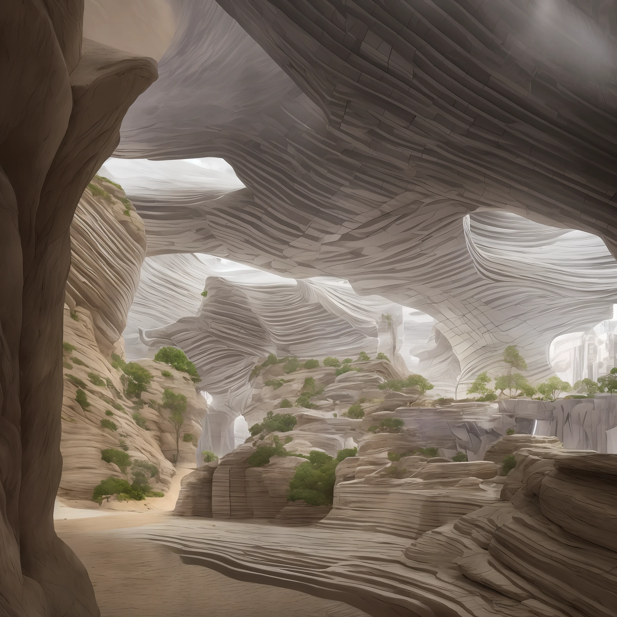 Futuristic design of cave architecture concept art on grand Canyon caves nature architecture, proportional,detailed, cave architecture nature meets futuristic architecture by Toyo Ito ,residential area, futuristic development, high rise balconies, full of rock and glass facades, residential spaces carved from cliff side ,trending on artstation, beautiful lighting,In the style of Jean Nouvel masterpiece, fantasy, intricate, award winning, 4k, highest quality render --auto --s2