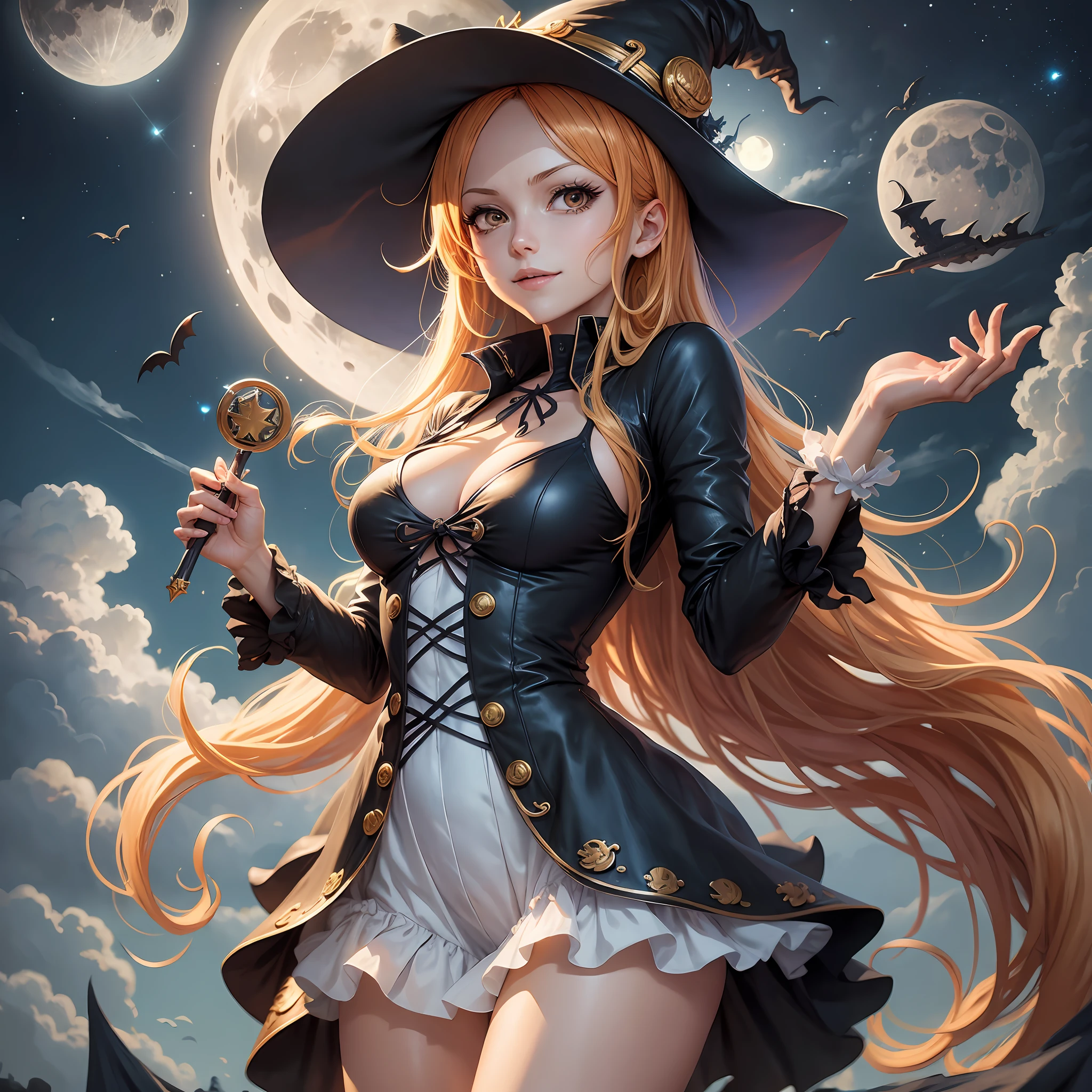 nami one piece, young, dressed like witch flying, moon, dark, sky, helloween, diabolic smile, money, gold --auto --s2