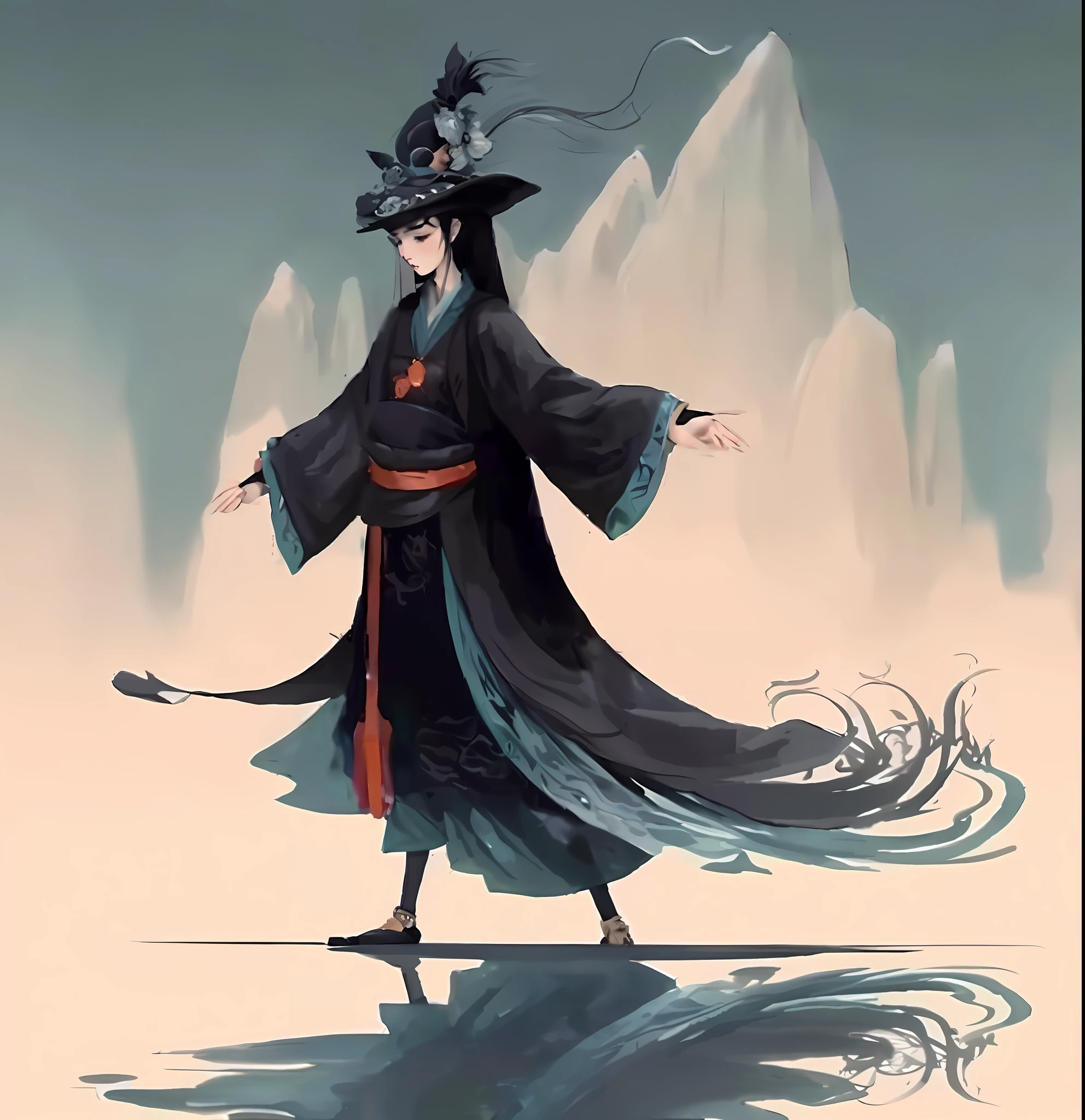 Image of Arafede of a man in black hat and black robe, dressed in ancient Chinese costume full of water elements, Onmyoji Detailed Art, inspired by Fu Baoshi, Onmyoji, Beautiful Full Body Concept Art, Full Body Martial Arts, Inspired by Sōami, Disney Concept Art, Beautiful Character Painting, Inspired by Ma Shi, Magical Concept Art, Inspired by Wu Daozi