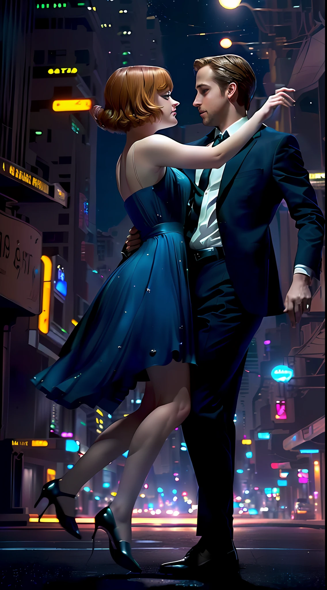Create a mesmerizing image inspired by the romantic chemistry between Emma Stone and Ryan Gosling in 'La La Land.' They are seen passionately dancing in a futuristic, sci-fi cityscape. The city should be adorned with neon lights, floating vehicles, and skyscrapers that stretch into the starry night sky, blending elements of romance and science fiction seamlessly, detailed face, photo realistic