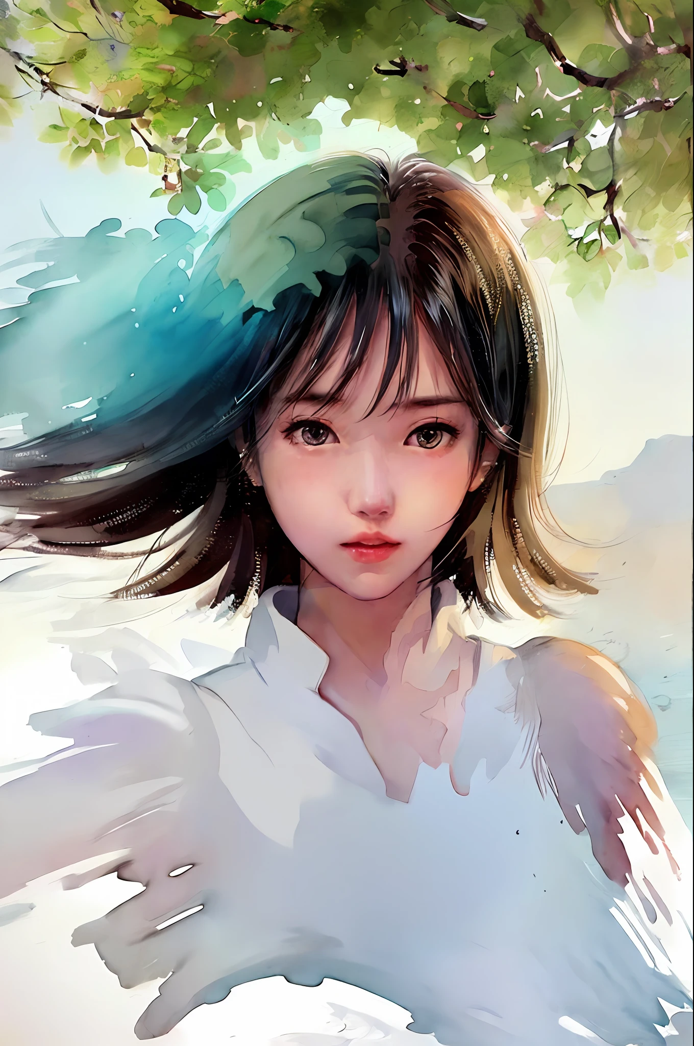 (upper body: 1.5), (white background: 1.4), ((tachi-e)), original, (illustration: 1.1), (best quality), (masterpiece: 1.1), (extremely detailed CG unity 8k wallpaper: 1.1), (color: 0.9), (panorama: 1.4), (full body: 1.05), (single: 1.2), (splash ink), (splash color), ((watercolor)), clear and sharp, { 1girl standing}, ((Chinese style) (flowers, woods), outdoors, mountains, seawater, looking at the viewer, making happy expressions, soft smiles, purity, beautyfull detailed face and eyes, beautyfull intricate clothing pattern details, black hair, black eyes, colored water