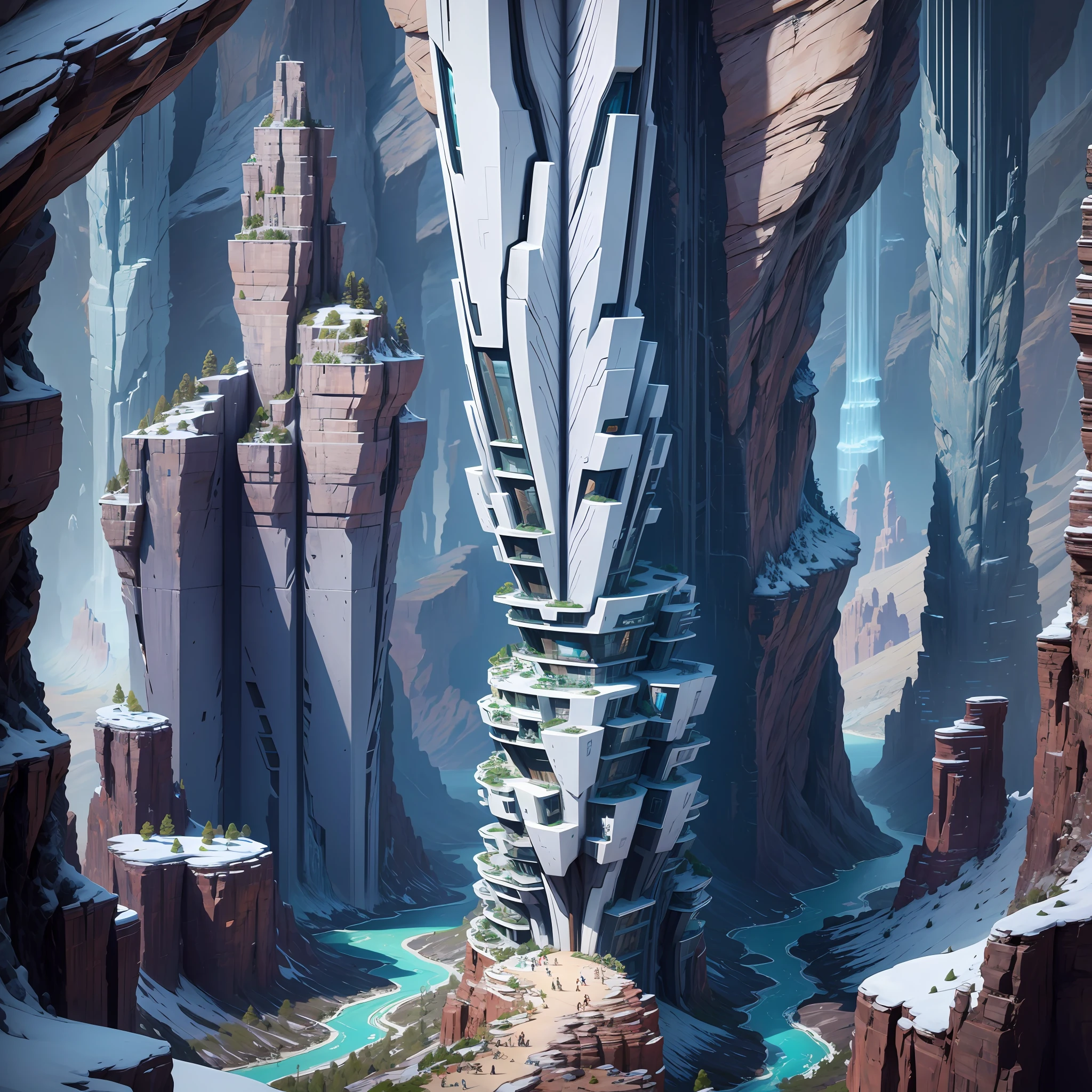 Futuristic design of cave architecture concept art on grand Canyon caves nature architecture, proportional,detailed, cave architecture nature meets futuristic architecture by Toyo Ito ,residential area, futuristic development, high rise balconies, full of rock and glass facades, residential spaces carved from cliff side ,trending on artstation, beautiful lighting,In the style of Jean Nouvel masterpiece, fantasy, intricate, award winning, 4k, highest quality render --a --auto --s2