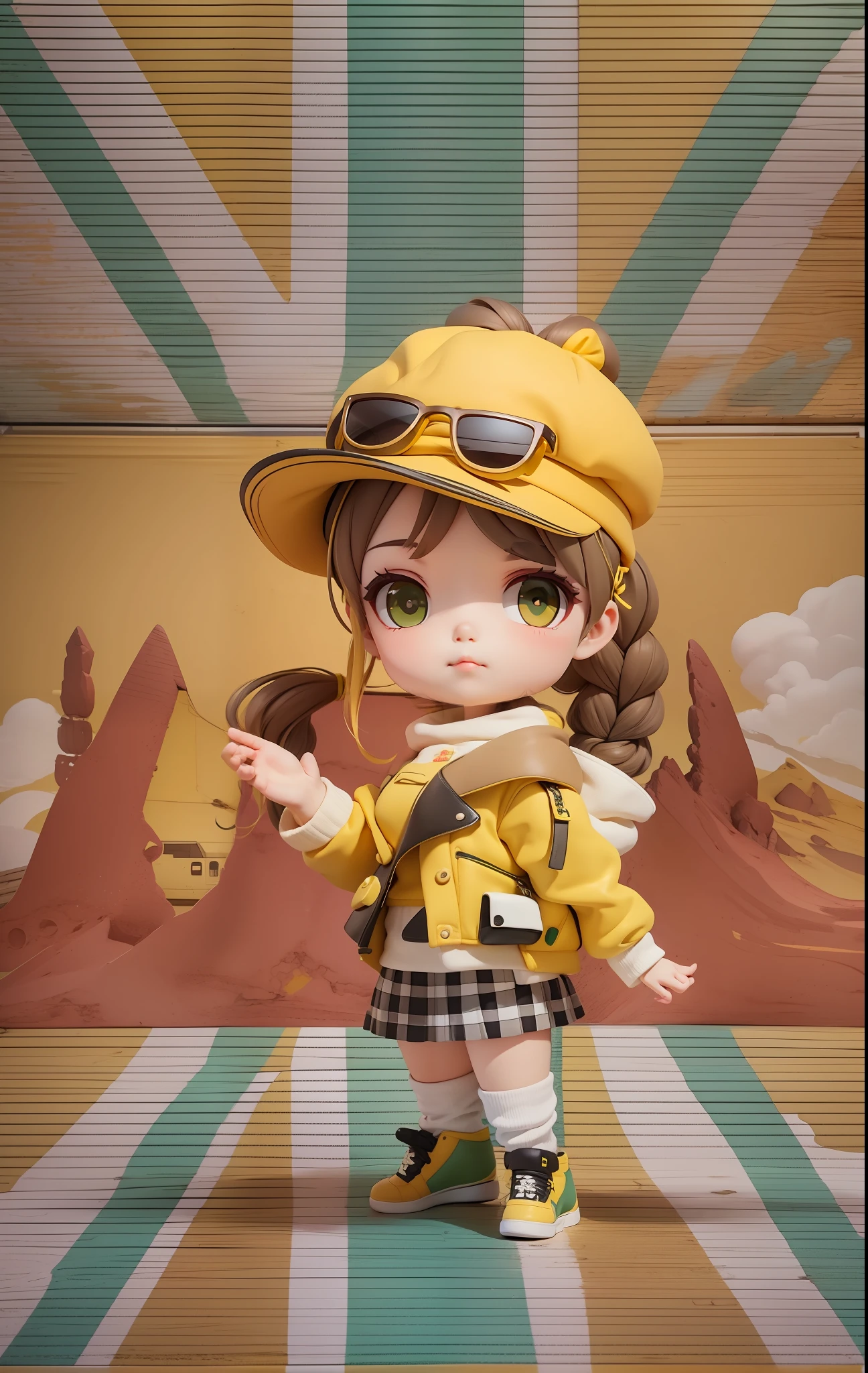 Cute double ponytail girl brown dull fur yellow beret sunglasses above beret yellow coat yellow socks black and white gray plaid skirt green sneakers D cups