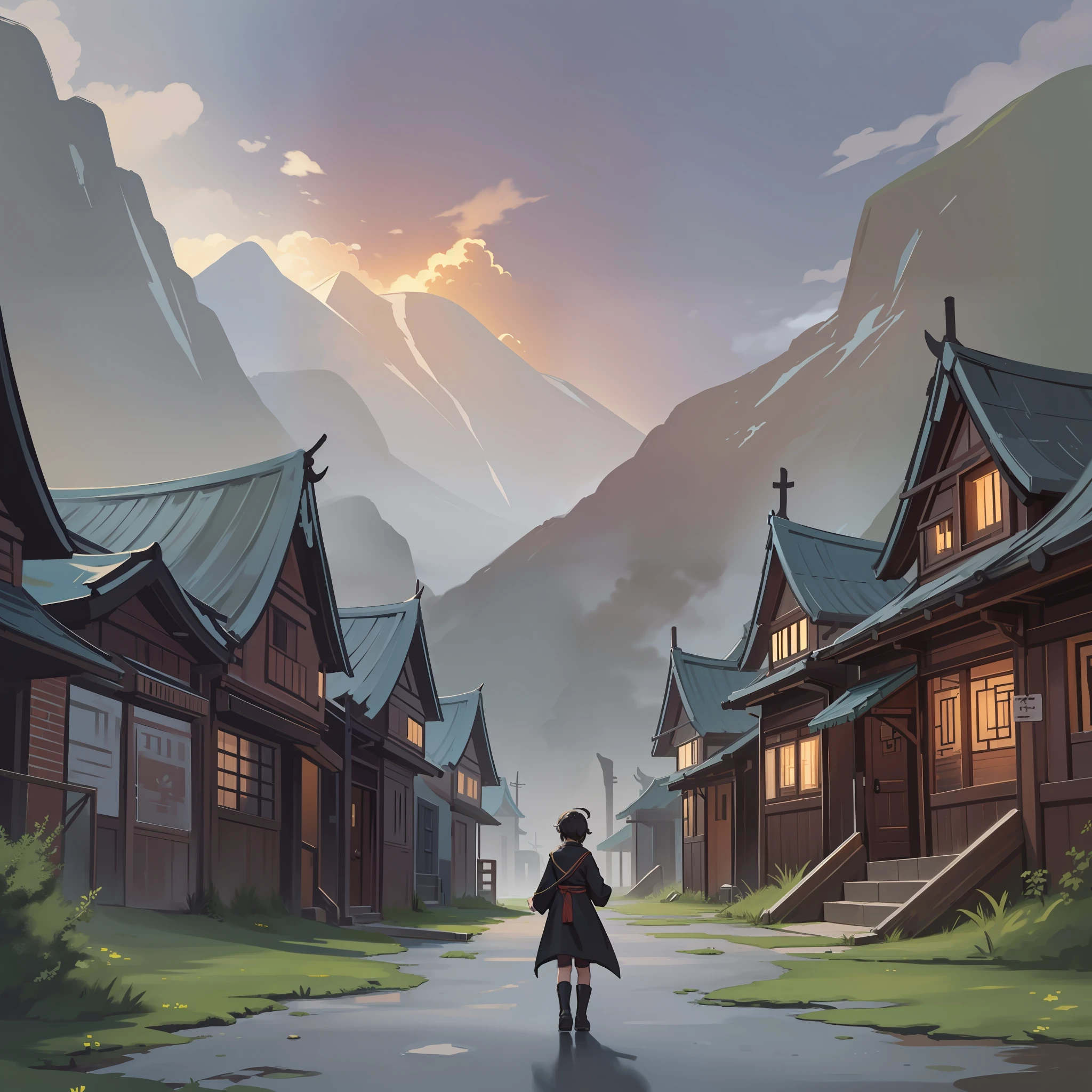 Back, towards the distance, mountain village, Taoist dress, horror atmosphere, shady, desolation, doomsday atmosphere, cold colors, dim light, flat lines