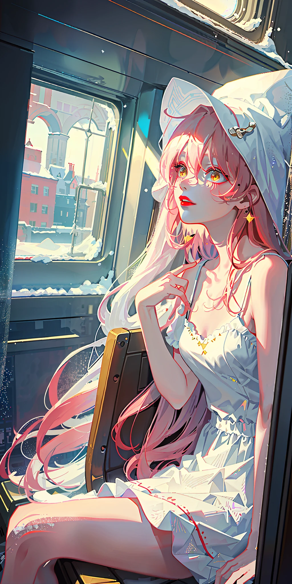 Highest quality, god, masterpiece, melancholy girl, slightly drunk makeup, red lips, exquisite CG, HD, absolutely beautiful, dreamy, light and shadow, white messy long hair, very long hair, yellow eyes, low neckline white dress, collarbone, sitting by the train window, (drunk, blush, half-closed, looking out the window), laughing, red lips, bent legs, leaning against the window, snowing, slender, snowing outside the window