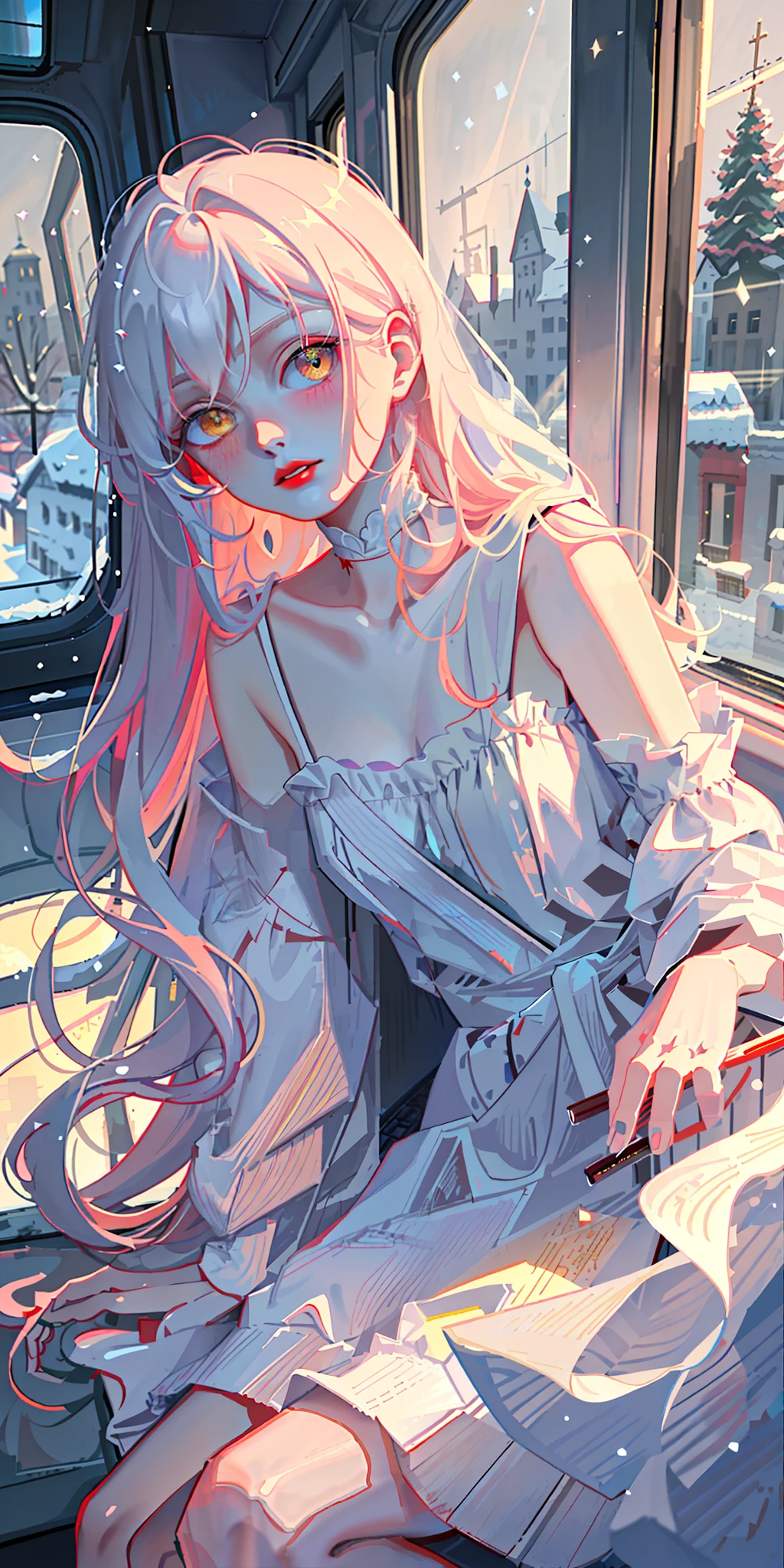 Highest quality, god, masterpiece, melancholy girl, slightly drunk makeup, red lips, exquisite CG, HD, absolutely beautiful, dreamy, light and shadow, white messy long hair, very long hair, yellow eyes, low neckline white dress, collarbone, sitting by the train window, (drunk, blush, half-closed, looking out the window), laughing, red lips, bent legs, leaning against the window, snowing, slender, snowing outside the window