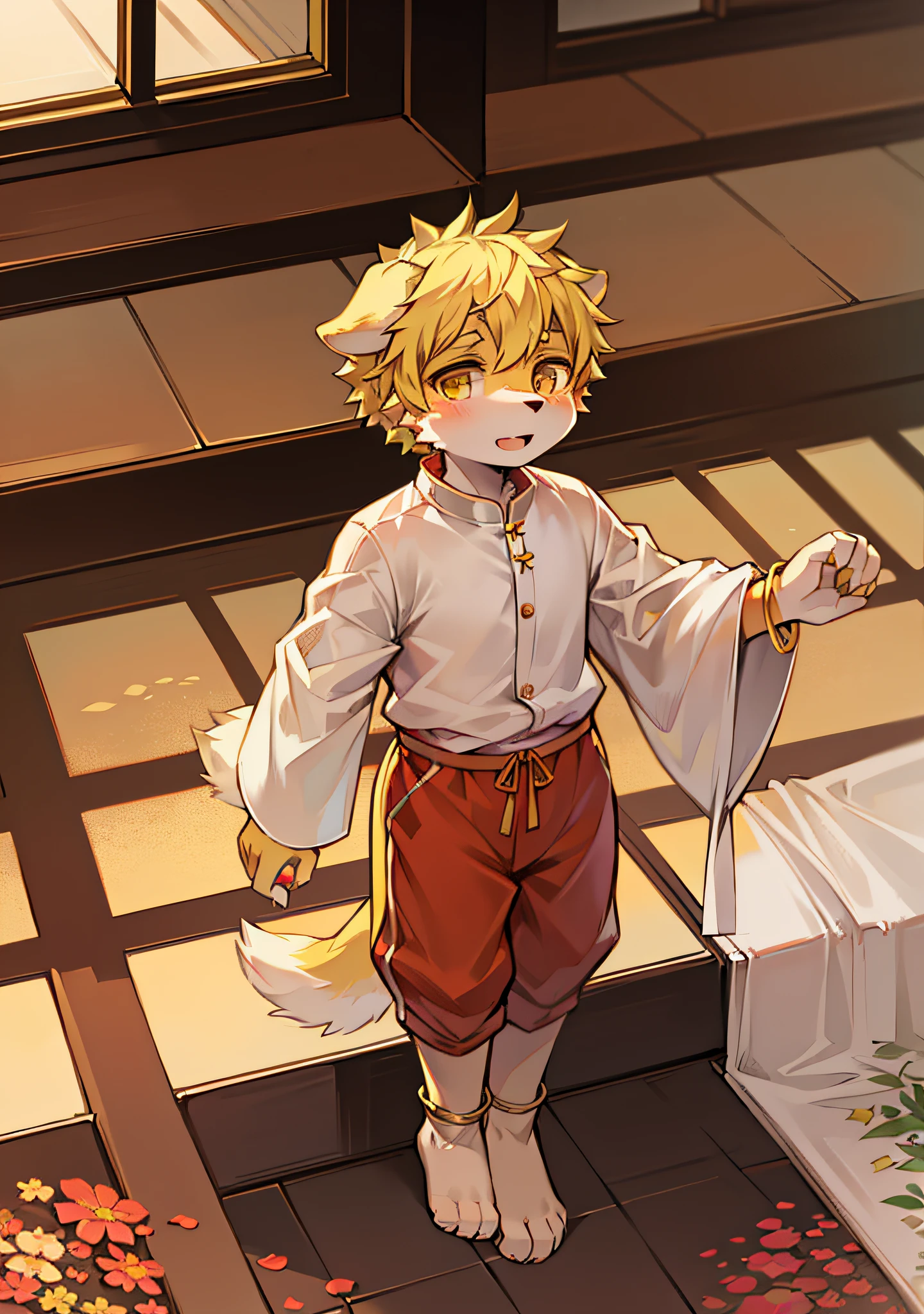 furry , dog boy, dog boy, dog boy, dog boy, little man, (dog tail), little feet (with socks), floral anklet, yellow hair, light blonde eyes, , national style clothes (red), aoeu, aoeu, long cheongsam (outer garment), hanfu (outer garment), white clothes (inner shirt), boy, boy , boy, noble clothes (red), cute, zhengtai, on the road
