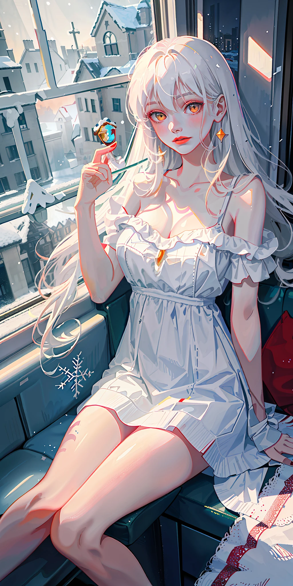 Highest quality, god, masterpiece, melancholy girl, slightly drunk makeup, red lips, exquisite CG, HD, absolutely beautiful, dreamy, light and shadow, white messy long hair, very long hair, yellow eyes, low neckline white dress, collarbone, sitting by the train window, (drunk, blush, half-closed, looking out the window), laughing, red lips, bent legs, leaning against the window, snowing, slender, snowing outside the window